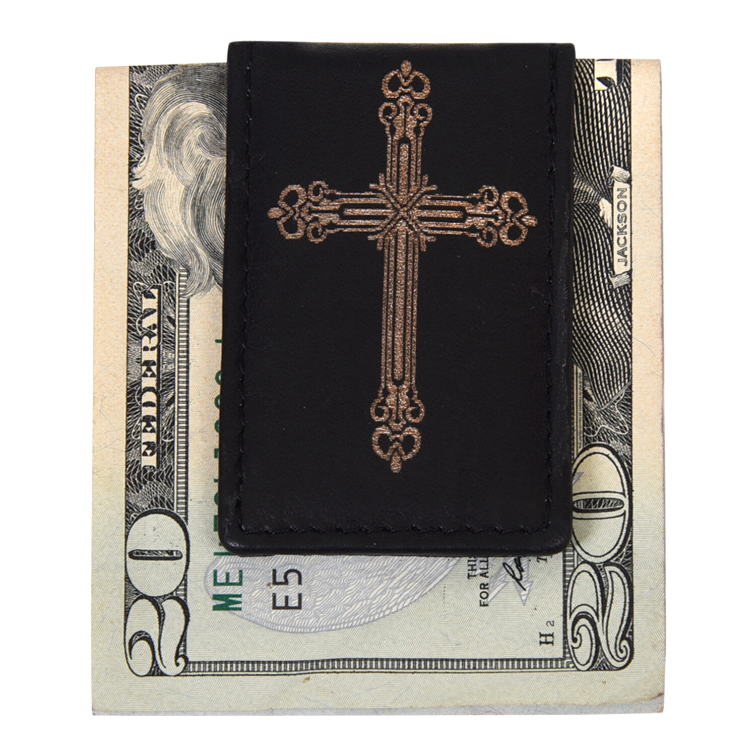 Leatherboss Genuine Leather Men Cross Print Strong Magnetic Money Clip, Black