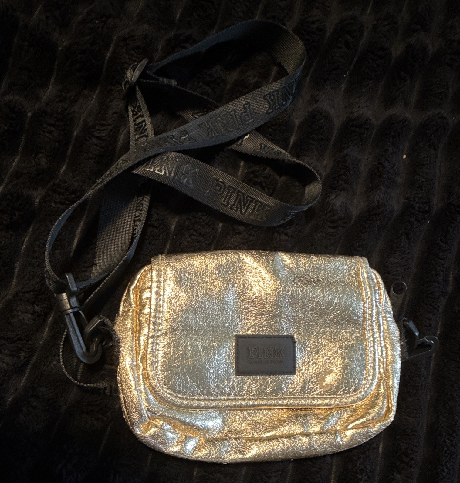 PINK Metallic Gold Small Crossbody Bag Zip Closure, Adjustable Black Logo Strap