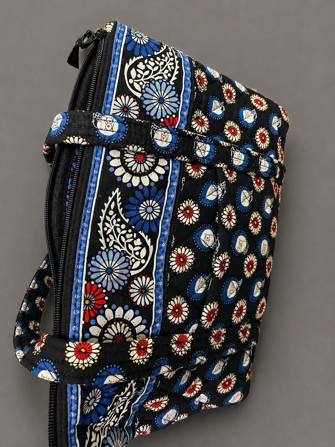 Quilted Floral Owl Print Zip Tote Bag Medium Lined Inner Pockets Black Blue