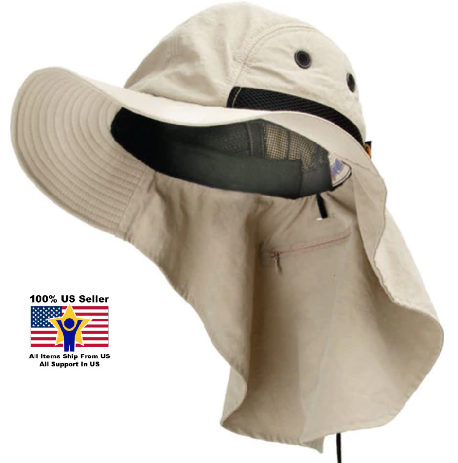 Khaki Fisherman Safari Sun Visor Neck Flap Packable Hiking Summer Unisex Hat