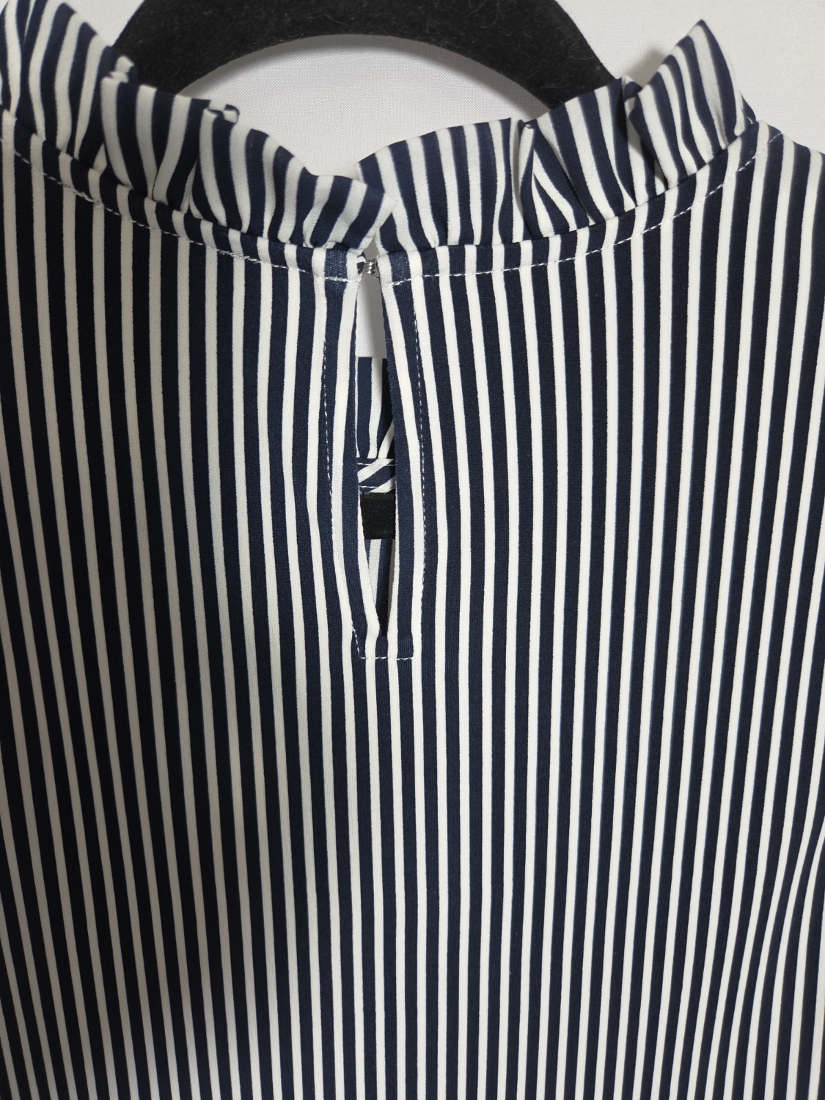 Ann Taylor Factory Black/White Striped Sleeveless Ruffle High Neck Blouse L