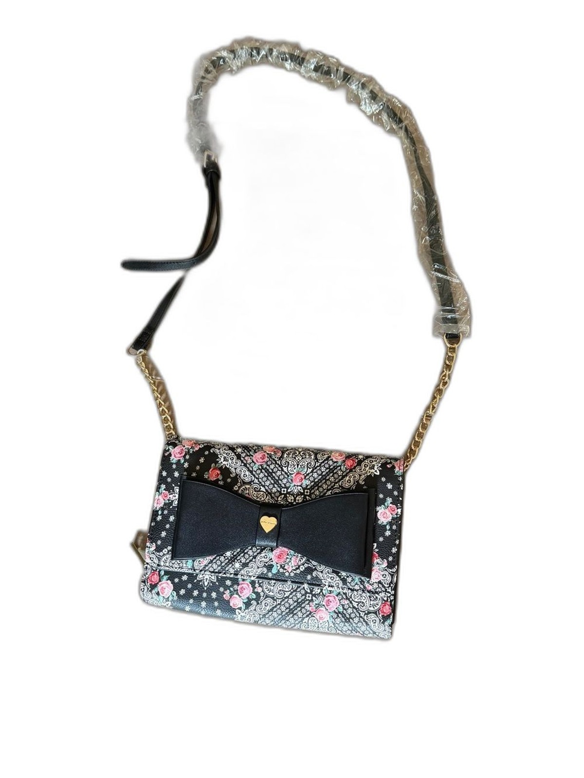 NWOT Betsey Johnson Floral Paisley Bow Crossbody Wallet Bag Black Gold Chain