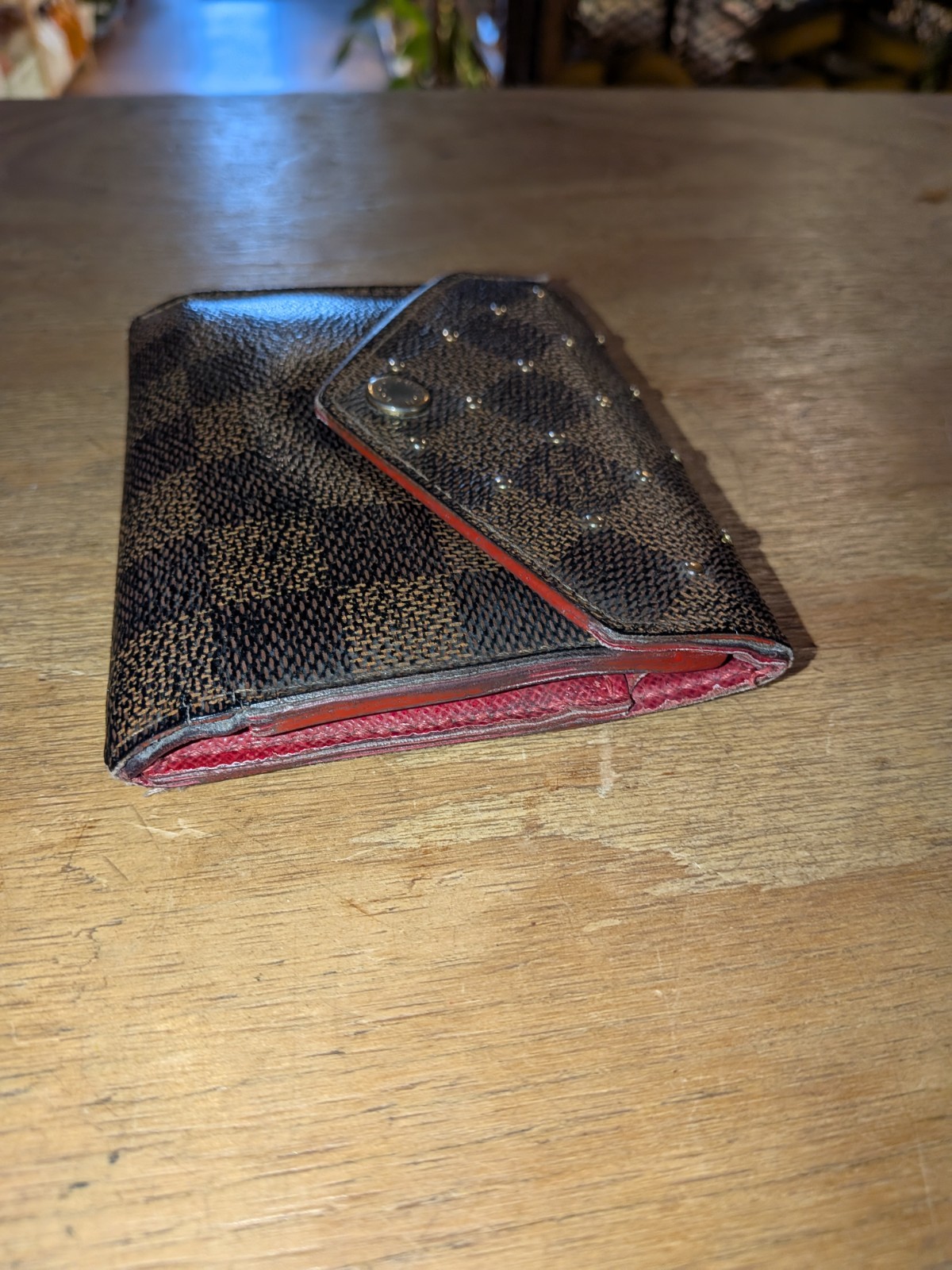 Very Rare! Louis Vuitton Damier Ebene Studded Victorine Wallet Cherry LV