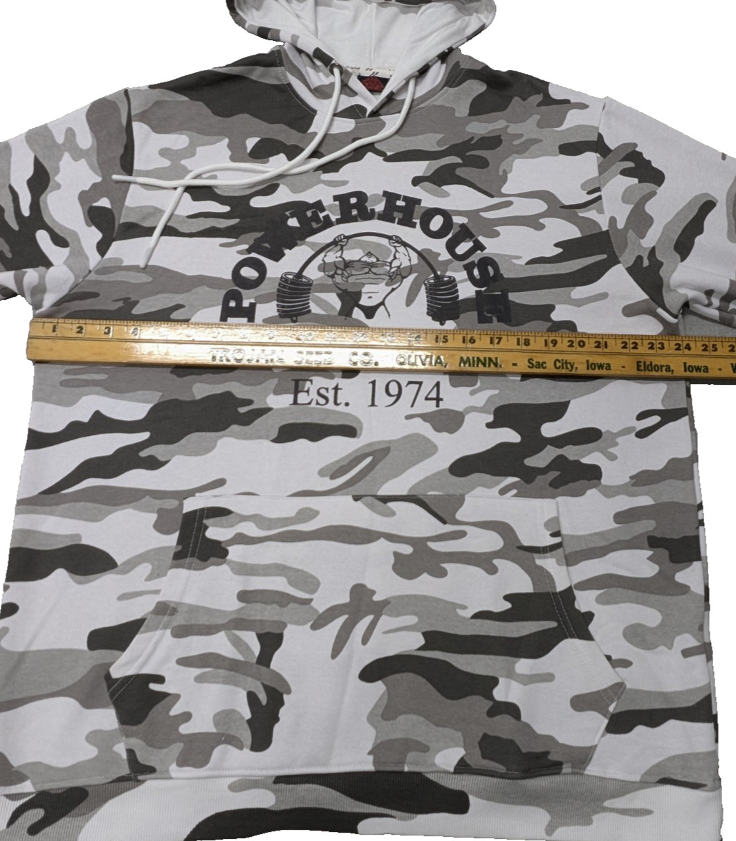 Powerhouse Gym Est 1974 Gray Camo Pullover Hoodie Sweatshirt XL 60/40 Cotton