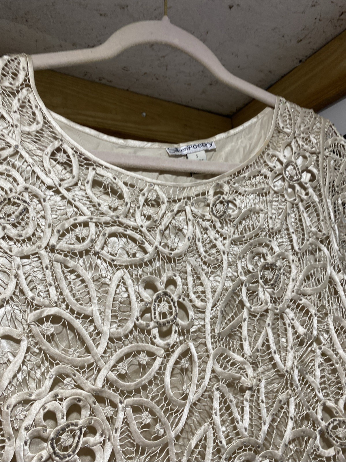 Silken Pottery VTG Crochet Floral Lace Blouse S Beaded Boho Whimsigoth Coquette