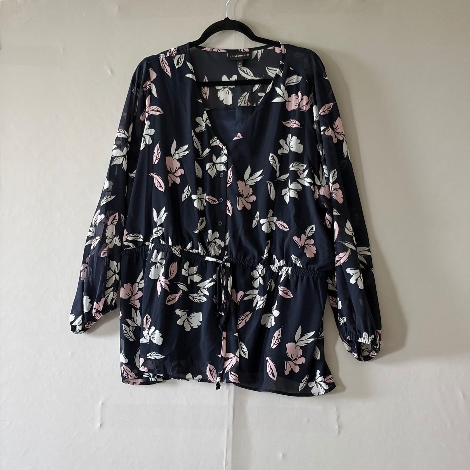 Lane Bryant 22 Navy Blue Pink Floral Chiffon Button Drawstring Waist Blouse