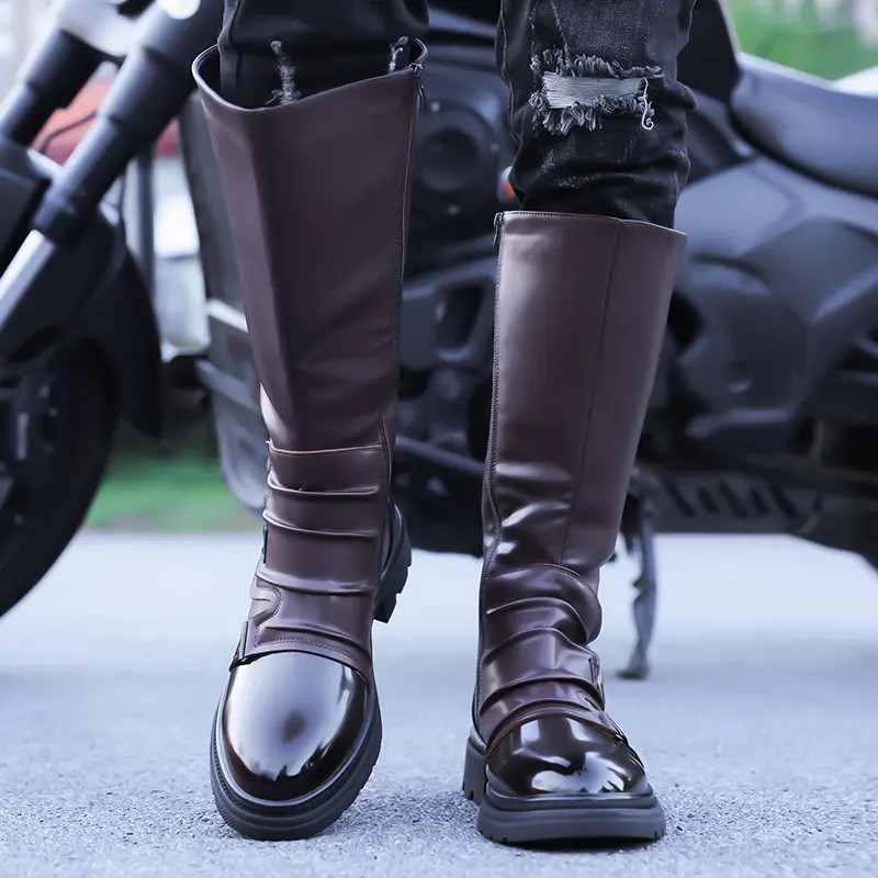 Mid Claf Boots Men’s Vintage Pleated Patent Leather Riding Motorcycle Punk Shoes