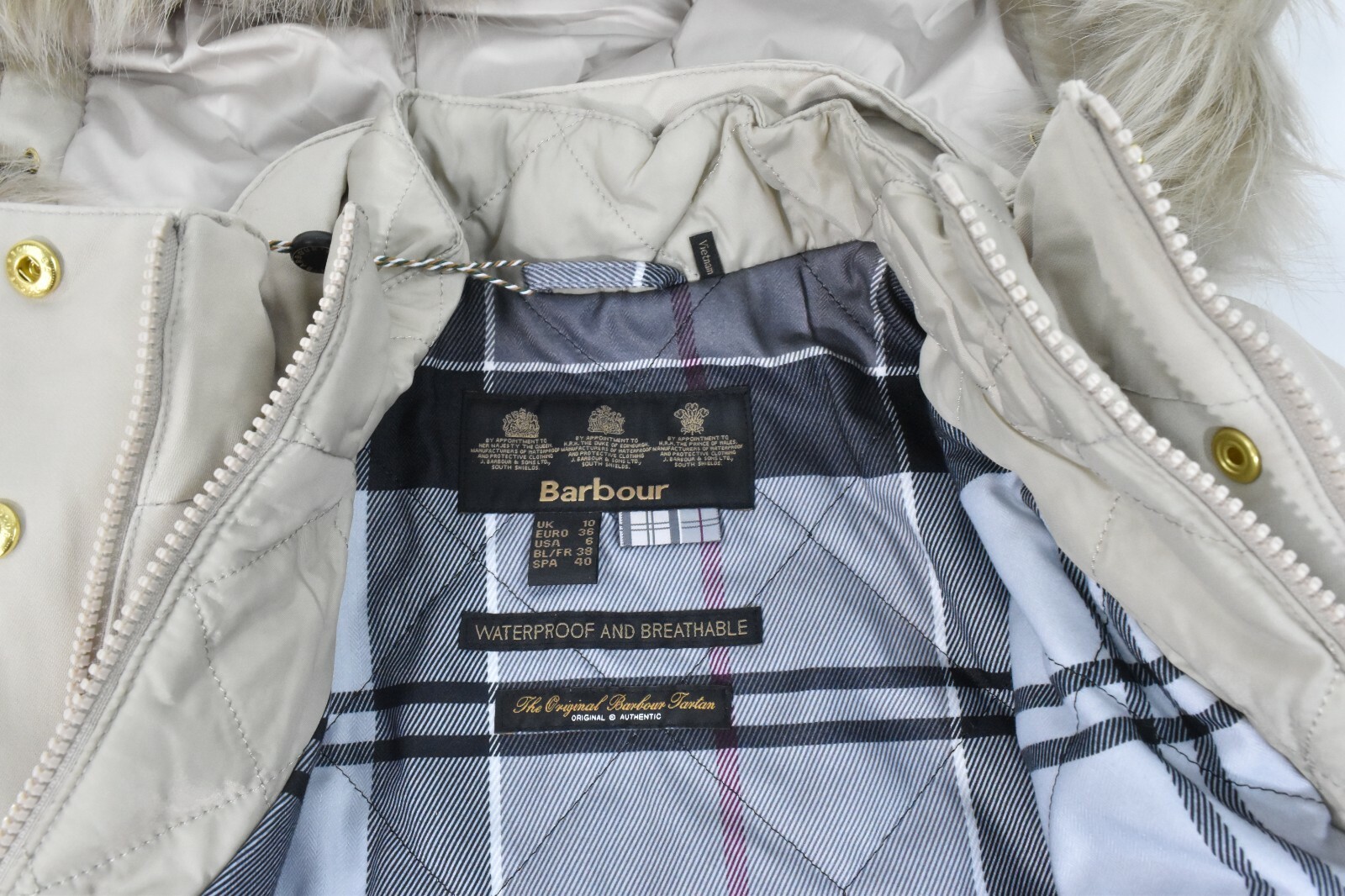 Barbour Women Bute Down Coat Jacket New Beige US 6 Waterproof Faux-Fur Hooded