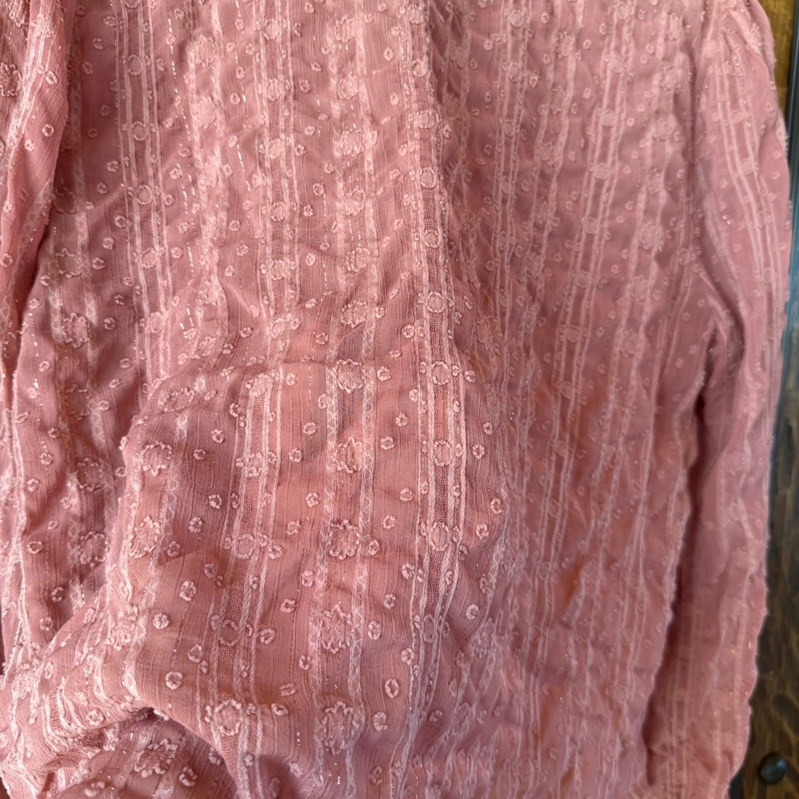 Womens Pink Swiss Dot Ruffle Neck Blouse Metallic Stripe Long Sleeve Top