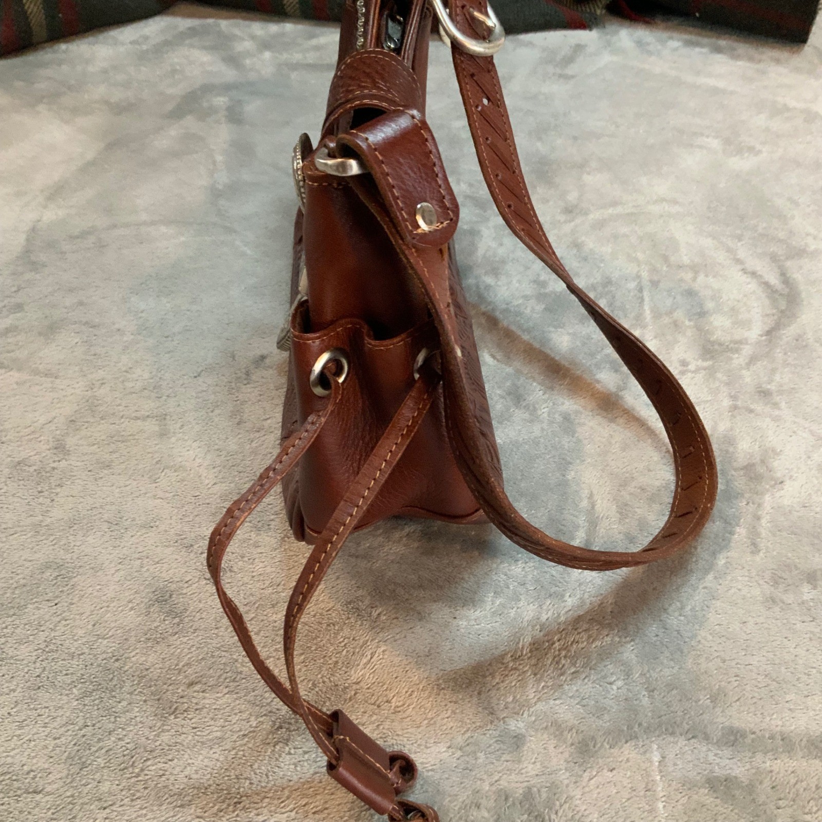 American West Tooled Leather Shoulder Bag Brown Western Buckle Star Studded Bag