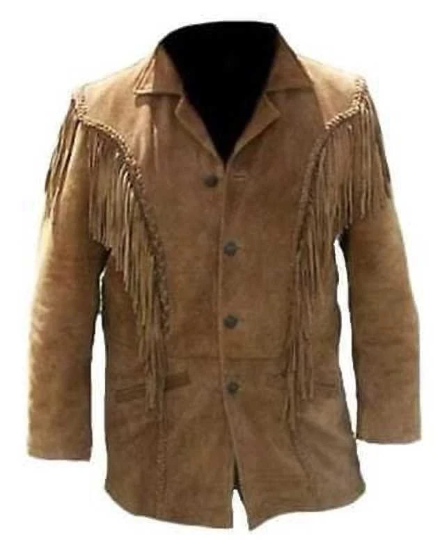 Men Western Cowboy Suede Fringe Jacket Native American Fringe Leather Jacket