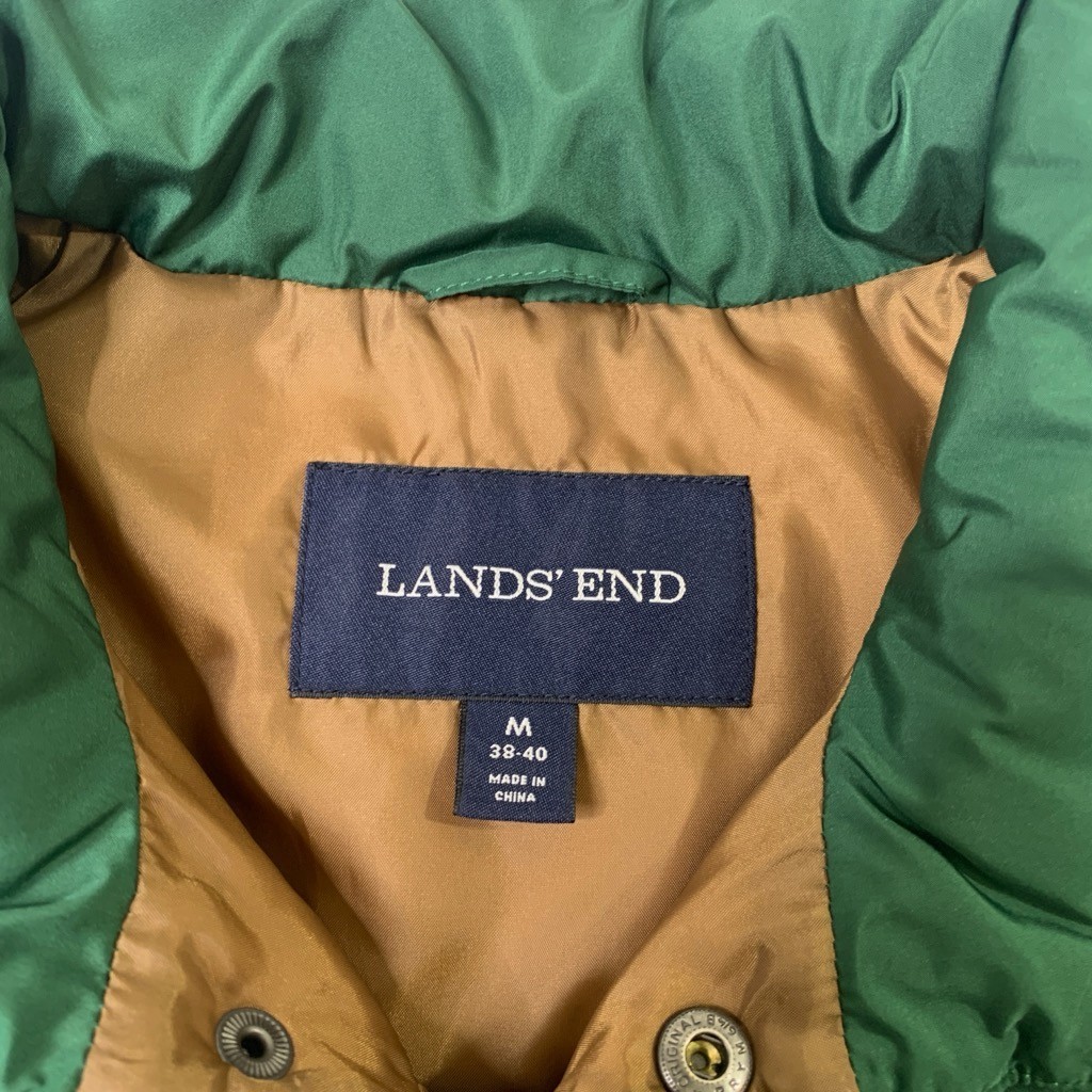 Lands End Vest Mens Medium Pesto Green Insulated Quilted Sleeveless Snap Button