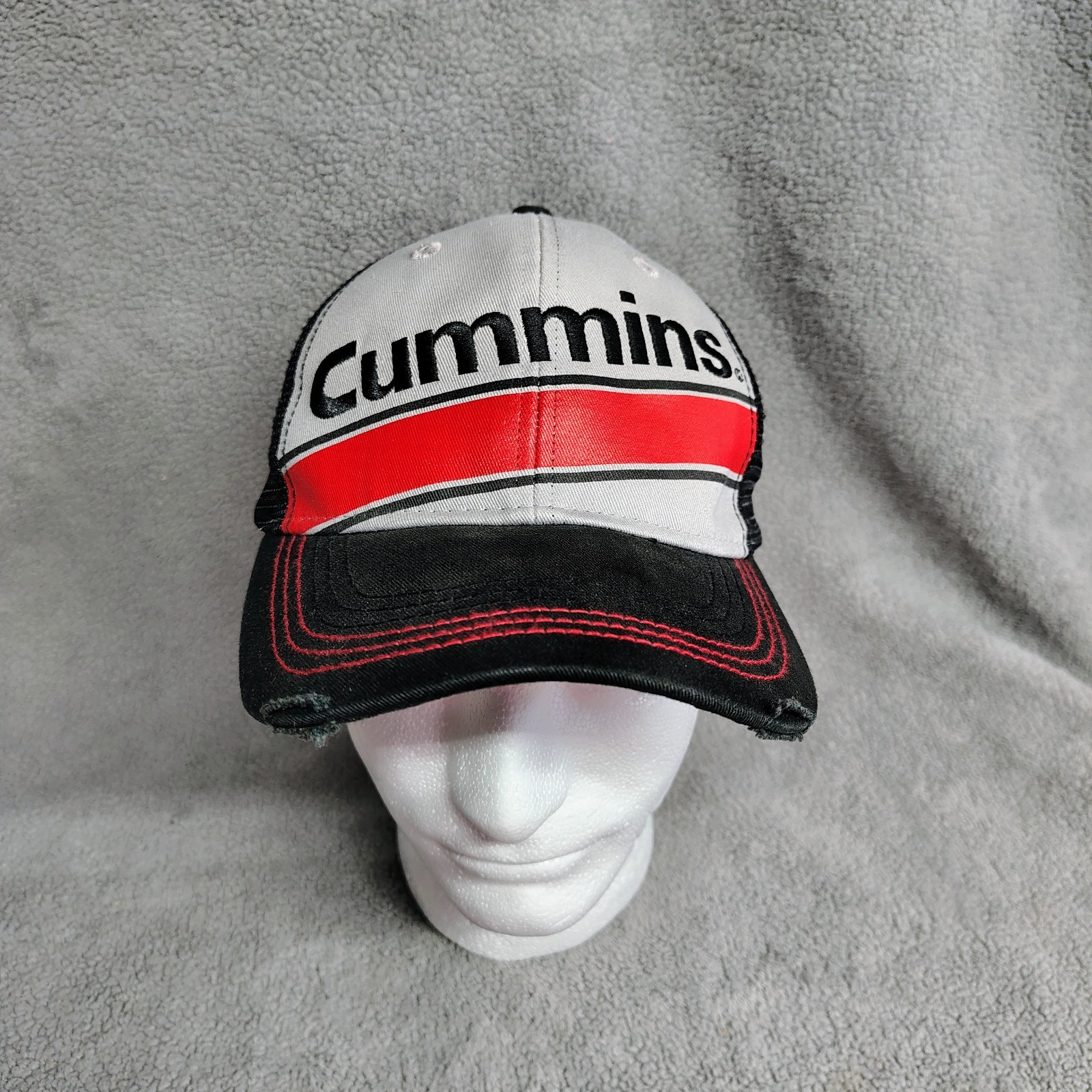 Cummins Trucker Hat Men’s Adjustable Strapback Grey Black Red Distressed Brim