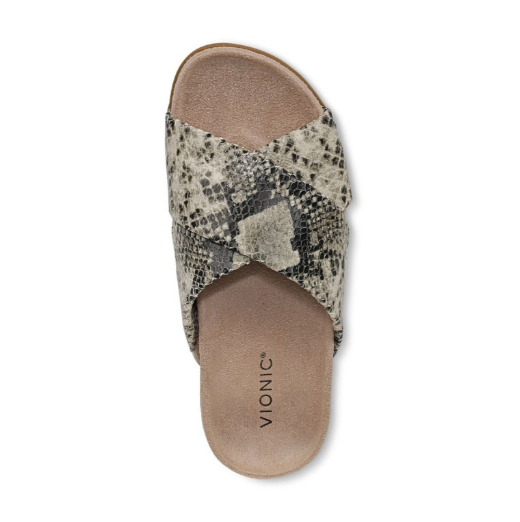 Vionic’s Etna Slide Sandal, Cream Snake Print Leather