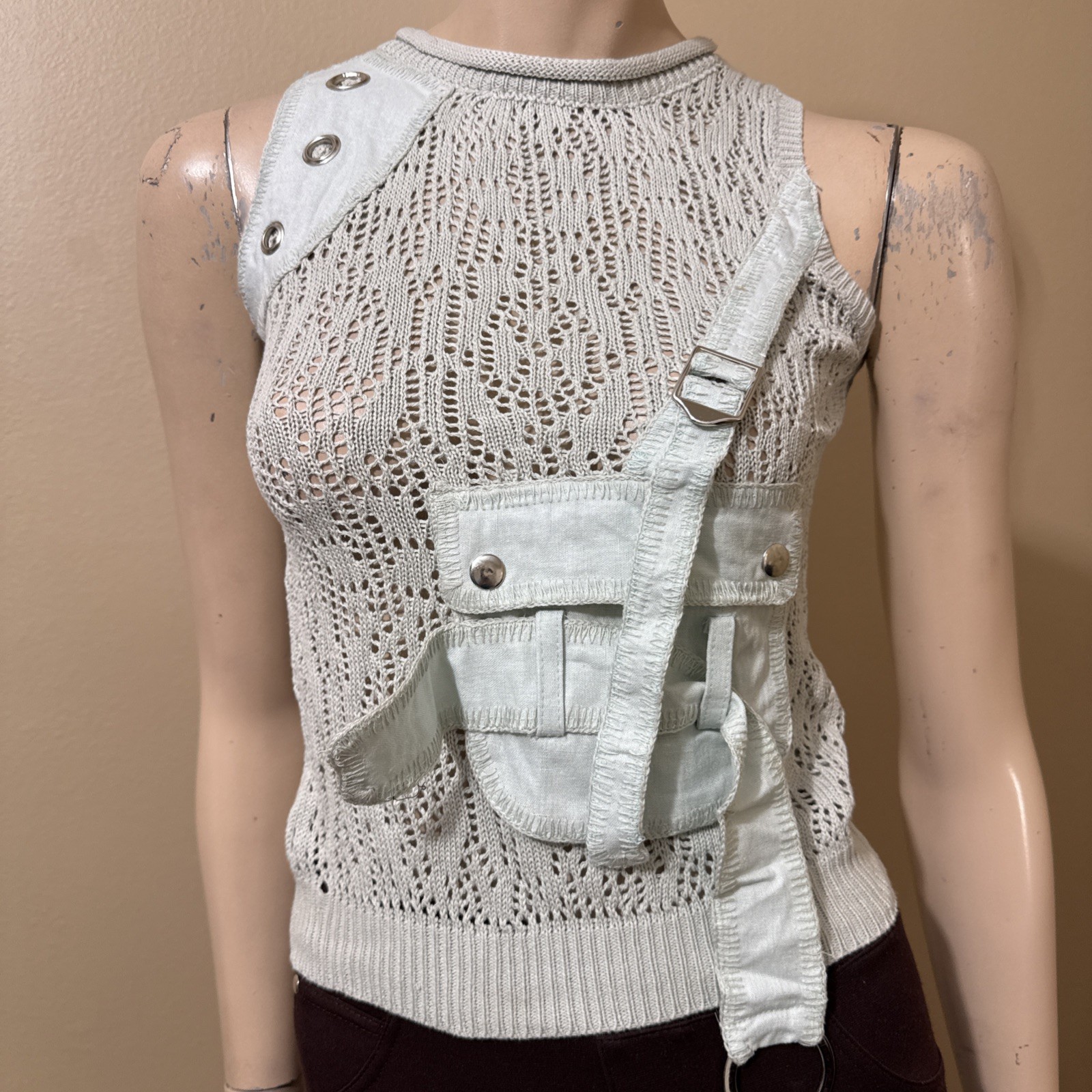 Women’s Light Blue Cotton Casual Stretch Buckle Knitted Pocket Size M/L Blouse