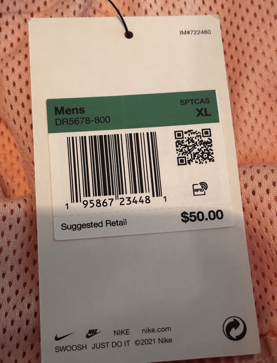 NIKE Mens Standard Fit Mid Thigh Length Peach Size X-Large New With Tags