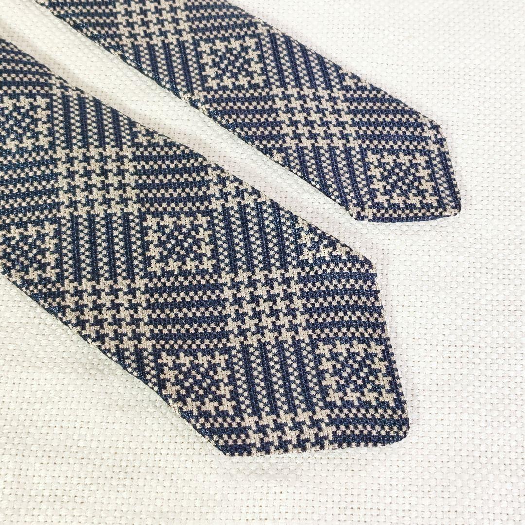 Kiton Sette Pieghe Check Navy Silk Necktie Very Good 8.3cm