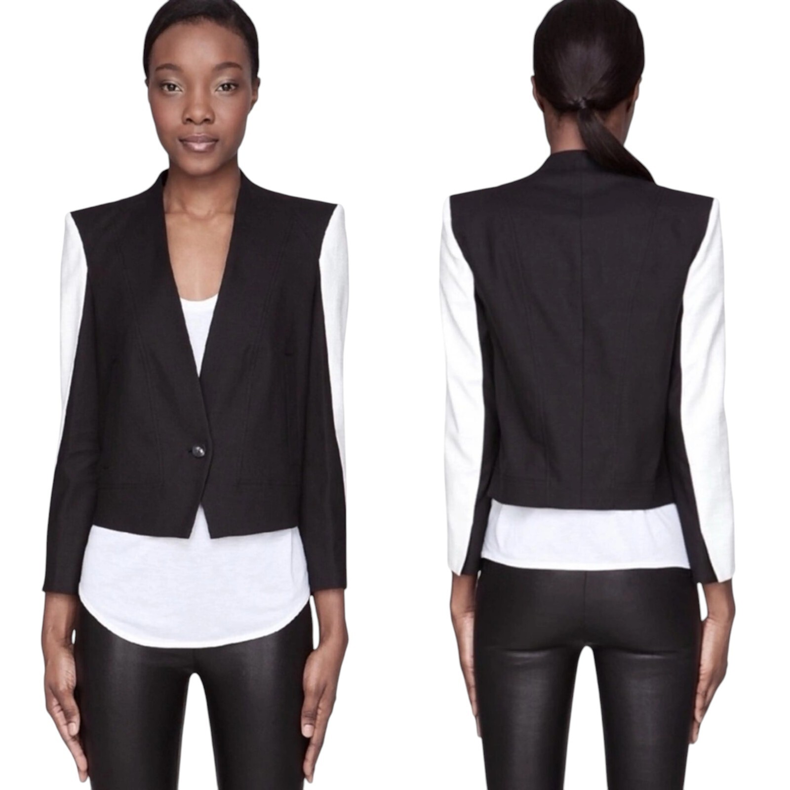 Helmut Lang Cropped Colorblock Blazer Size 6 Black White One-Button Tailored