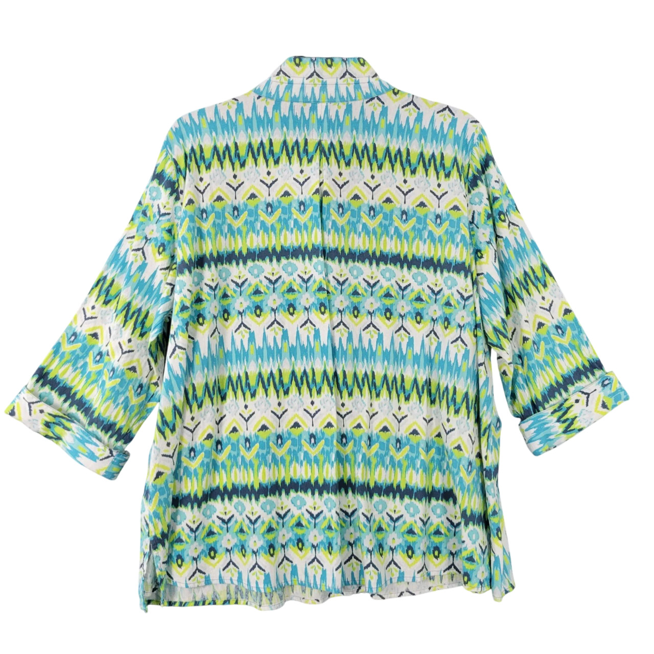NWT ALI MILES Blue Green Ikat Floral Linen Artsy Toggle Button Up Top SIZE 2X
