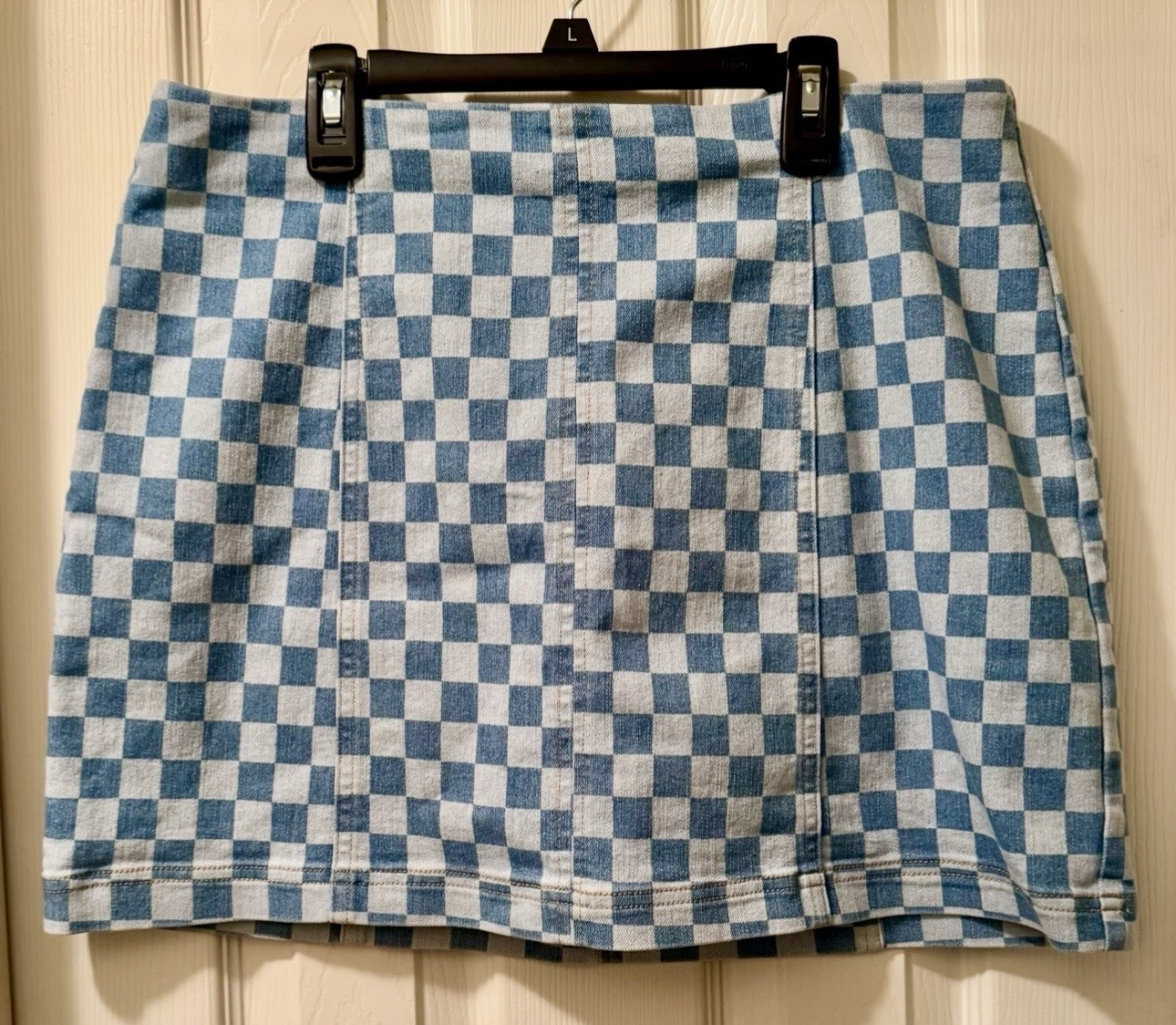 No Boundaries Denim Mini Skirt Blue Checkered SIZE L (11-13) Juniors