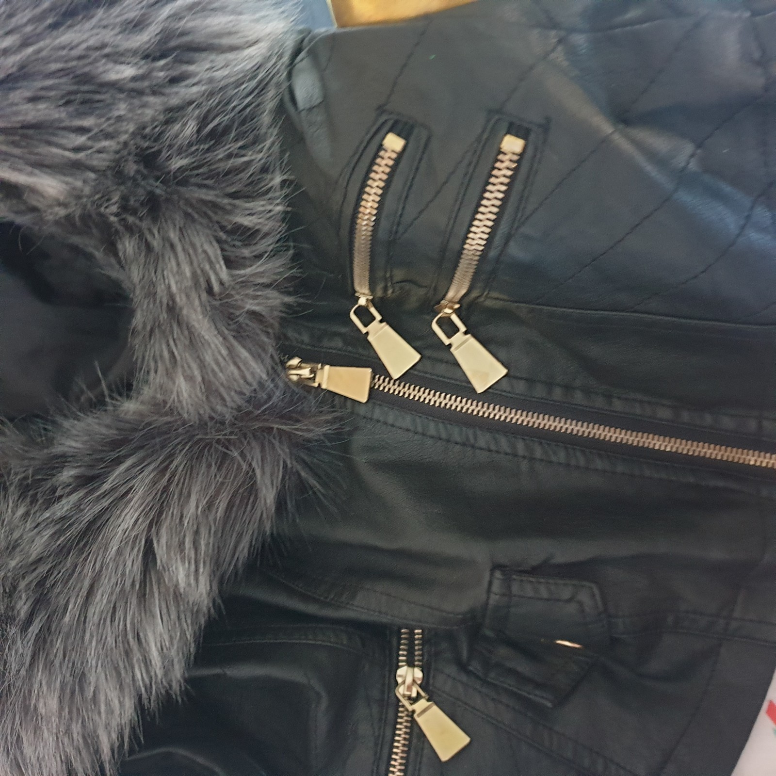 Flamant Rose Black Faux Leather Bomber Biker Jacket Sz S Grey Faux Fur Collar