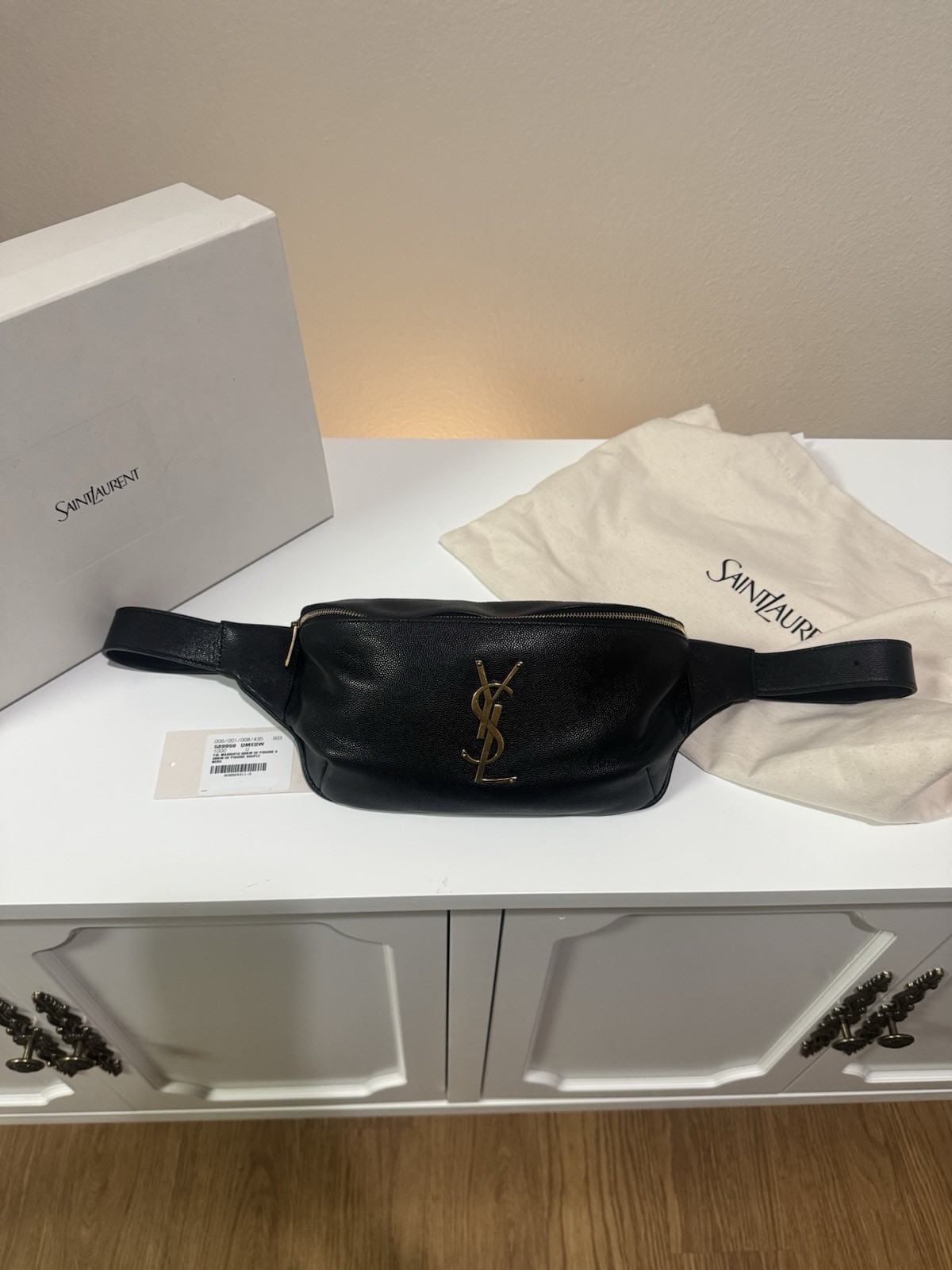 Saint Laurent YSL Cassandre Black Grained Leather Belt Bag Gold Hardware Box