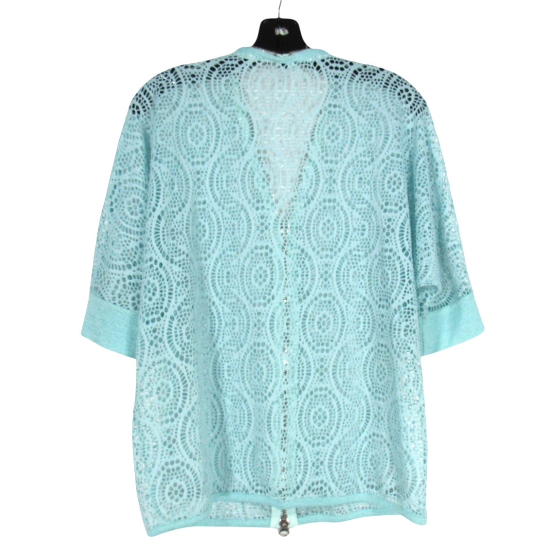 ALBERTO MAKALI Airy EYELET LACE Full Zip 3/4 SLEEVE Aqua Blue JACKET TOP Sz S