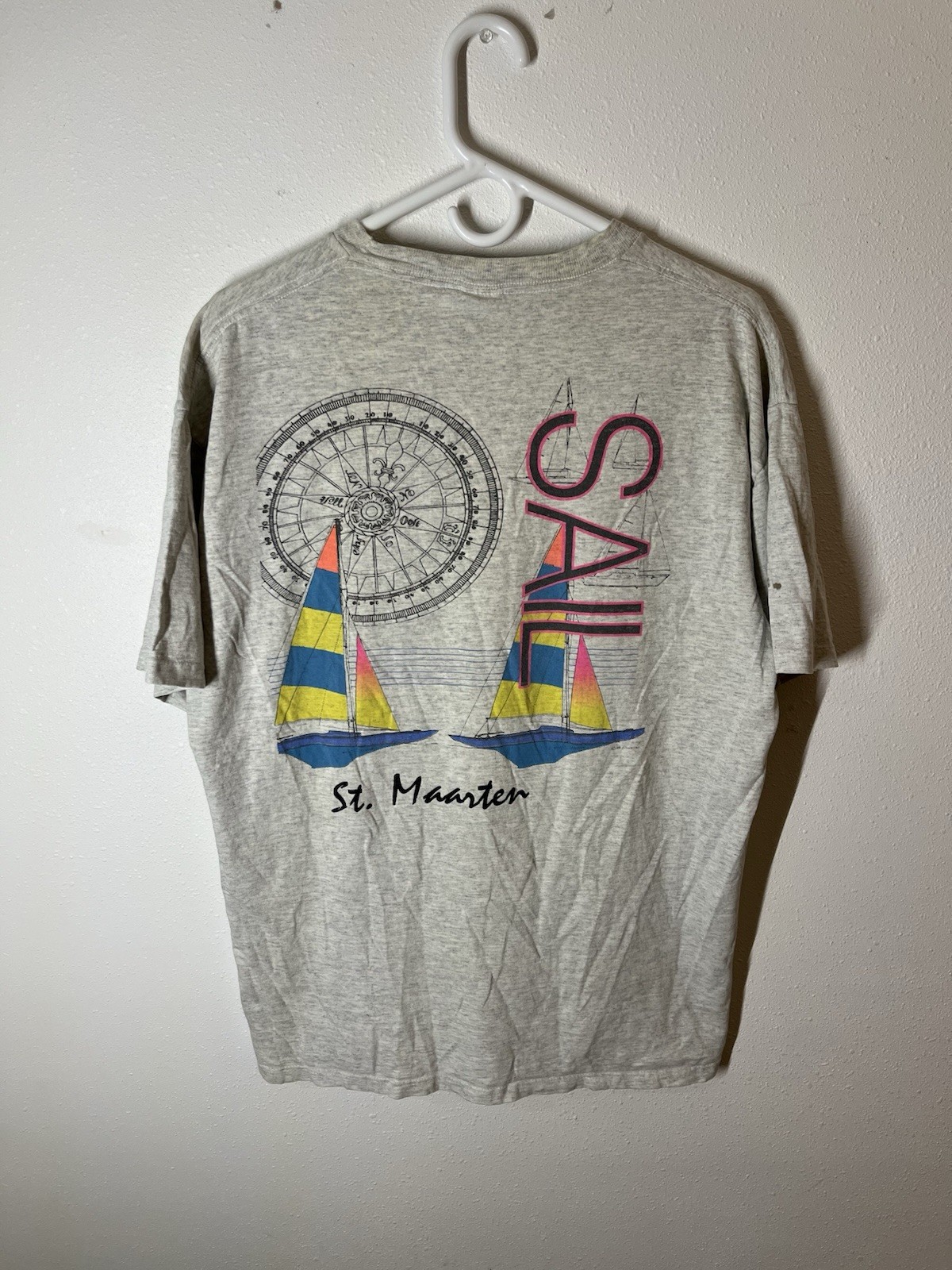 Vintage Single stitch Cal Cru St. Maarten Nautical Sailing Men’s T-Shirt Gray XL