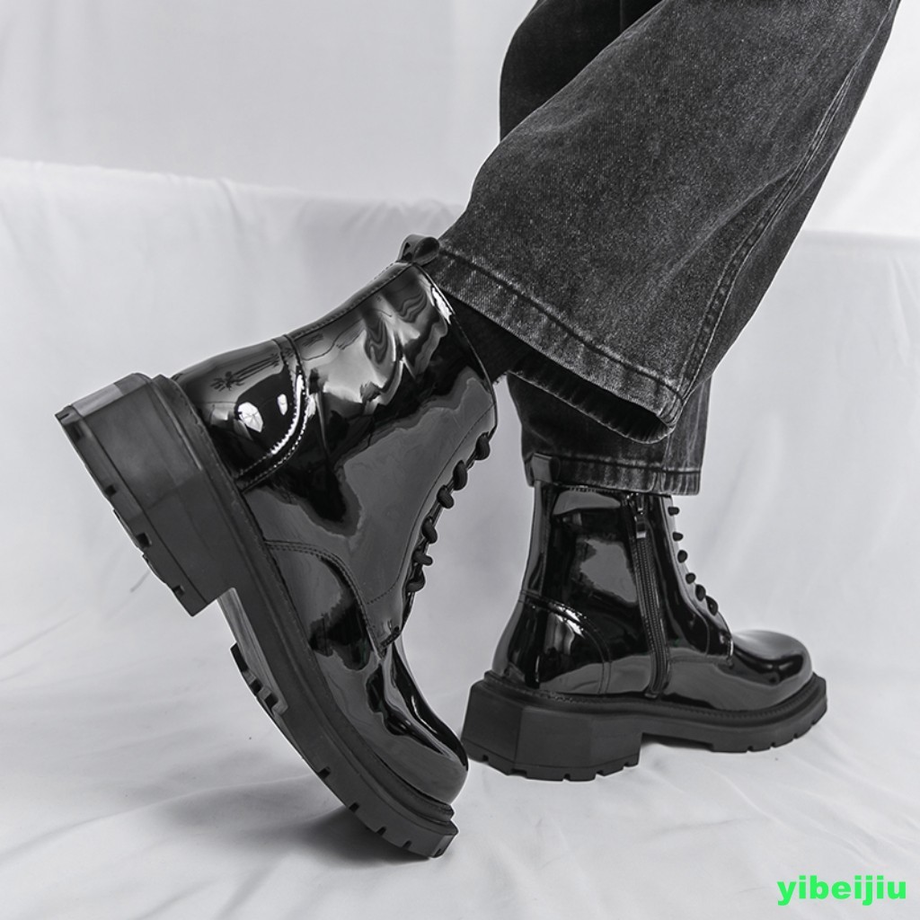 Mens Shiny Leather Dress Ankle Short Boots Platform Wide Shoes Motorcycle Gothic