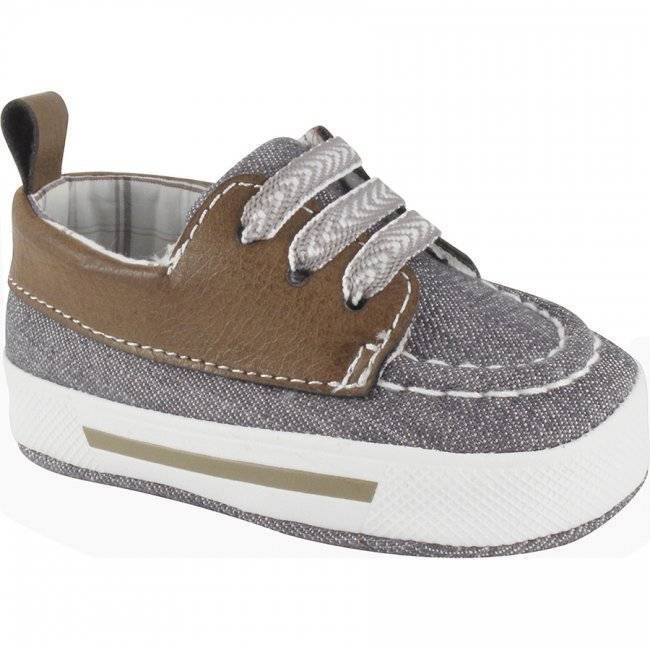 Baby Deer Gray Denim Canvas Deck Shoes with Brown Accent Size 1 or 2