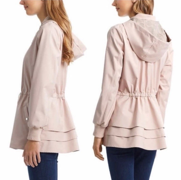 Bernardo Women Anorak Rain Hooded Full Zip Ruffle Hem Elastic Waistband Mauve M