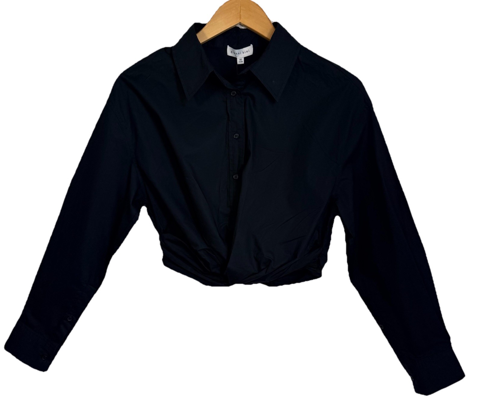 Gianni Bini Black Cotton Button Front Cropped Twist Shirt Sharp Fitted S