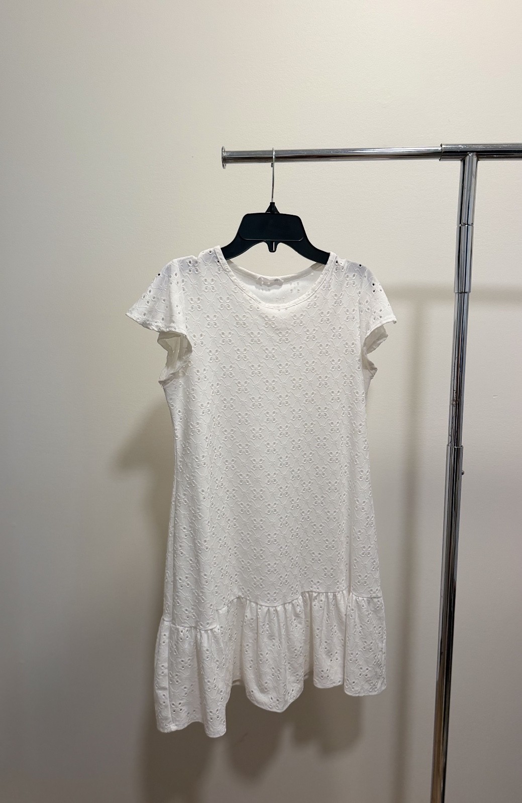 Mady & Nell White Eyelet Dress Small Ruffle Sleeve Ruffle Hem Casual Mini Dress