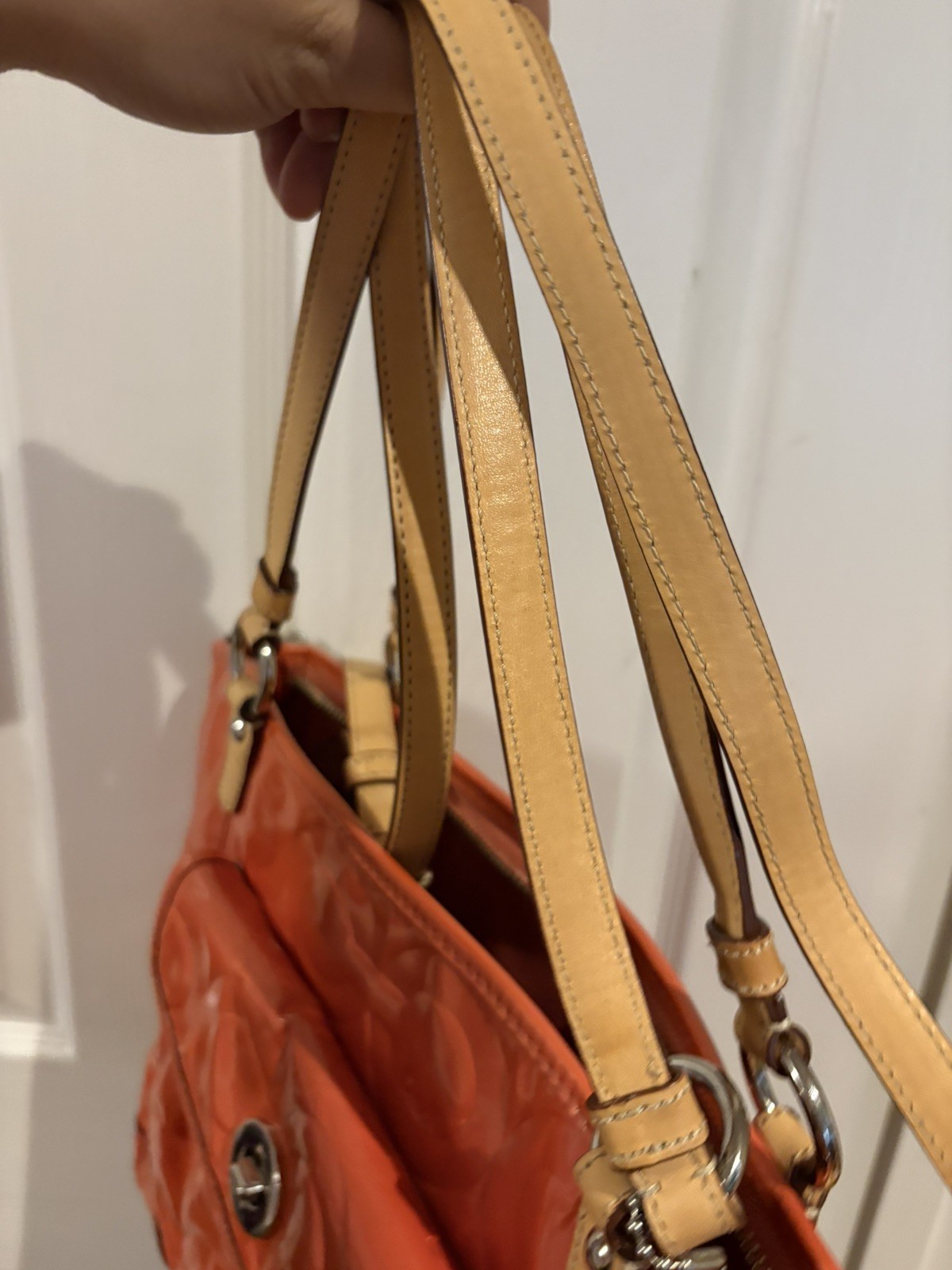 Coach Signature Embossed Leah Orange Patent Leather Tote Shoulder Handbag F14662