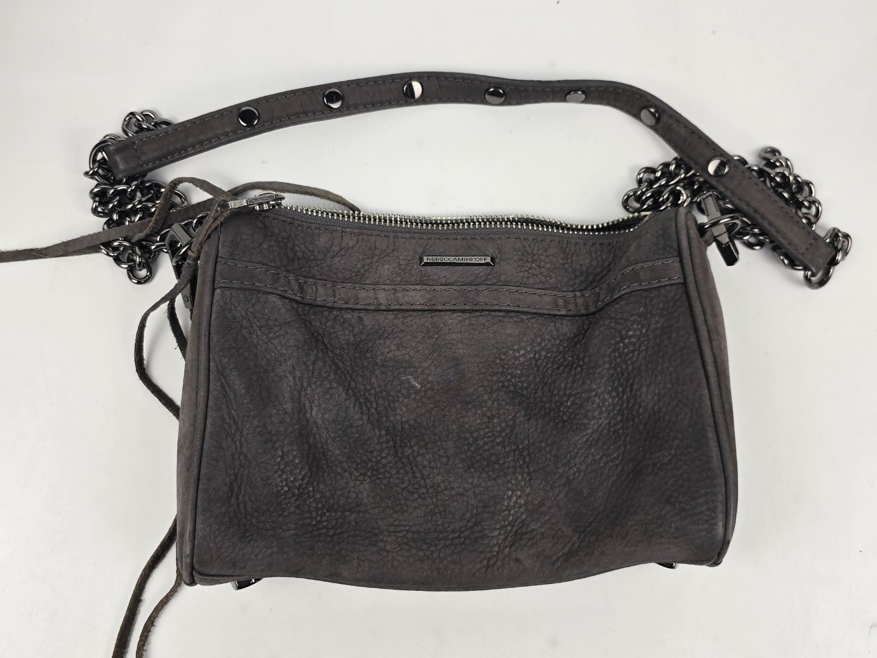 Rebecca Minkoff Mini MAC Crossbody Bag Gray Leather Gunmetal Chain Tassel