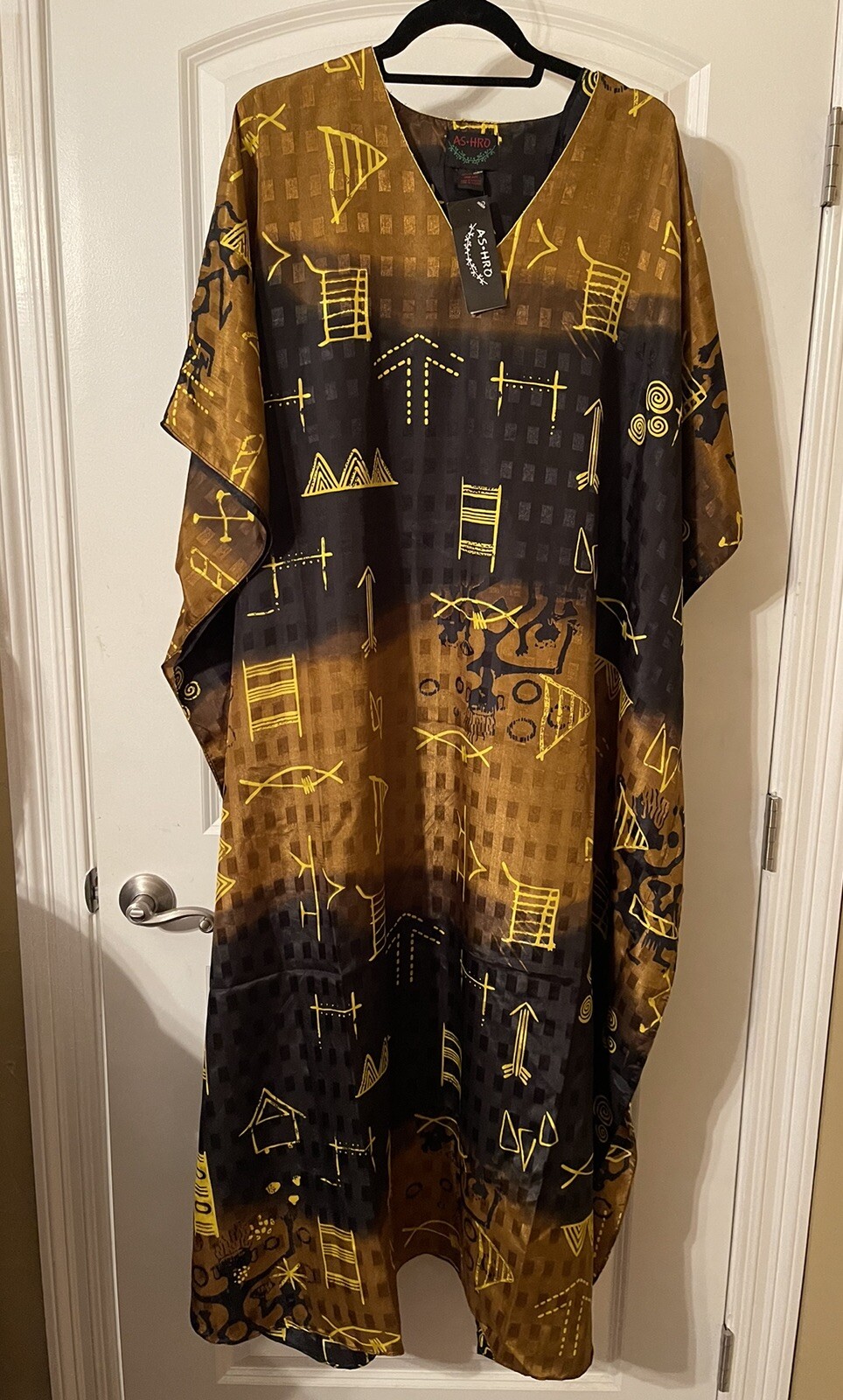AS RHO Black Brown Yellow Shiny Floral Jacquard Kaftan Mumu Caftan Dress One Sz