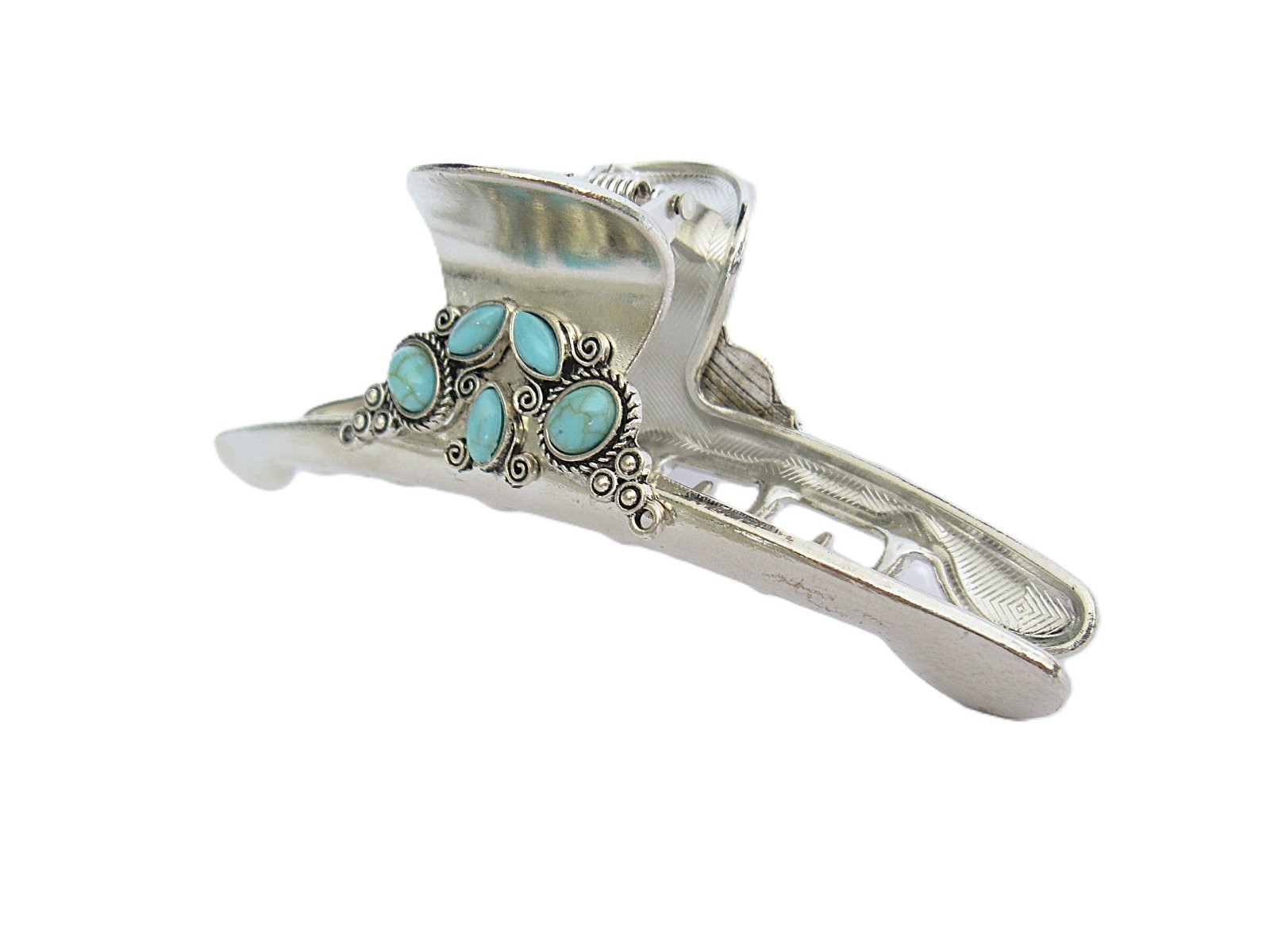Large shiny turquoise blue stone silver metal western hair claw clip