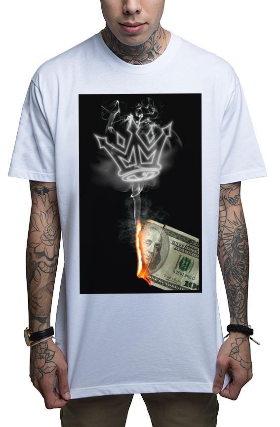 Mafioso Money to Burn Fire Hundred Dollar Bills Urban Ink White Men’s Tee Shirt