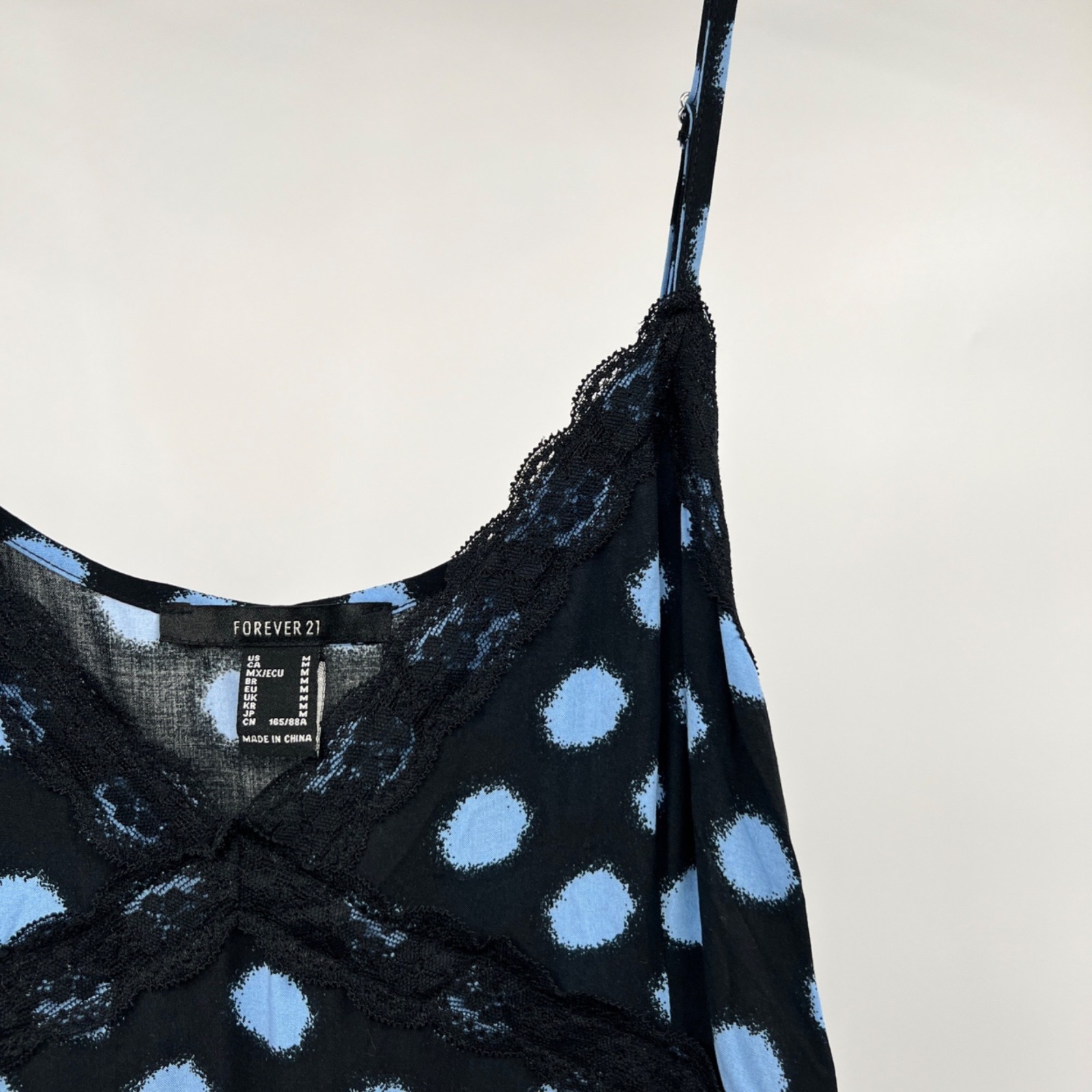 Forever 21 Polka Dot Midi Slip Dress Front Slit Black/Blue Size Medium New