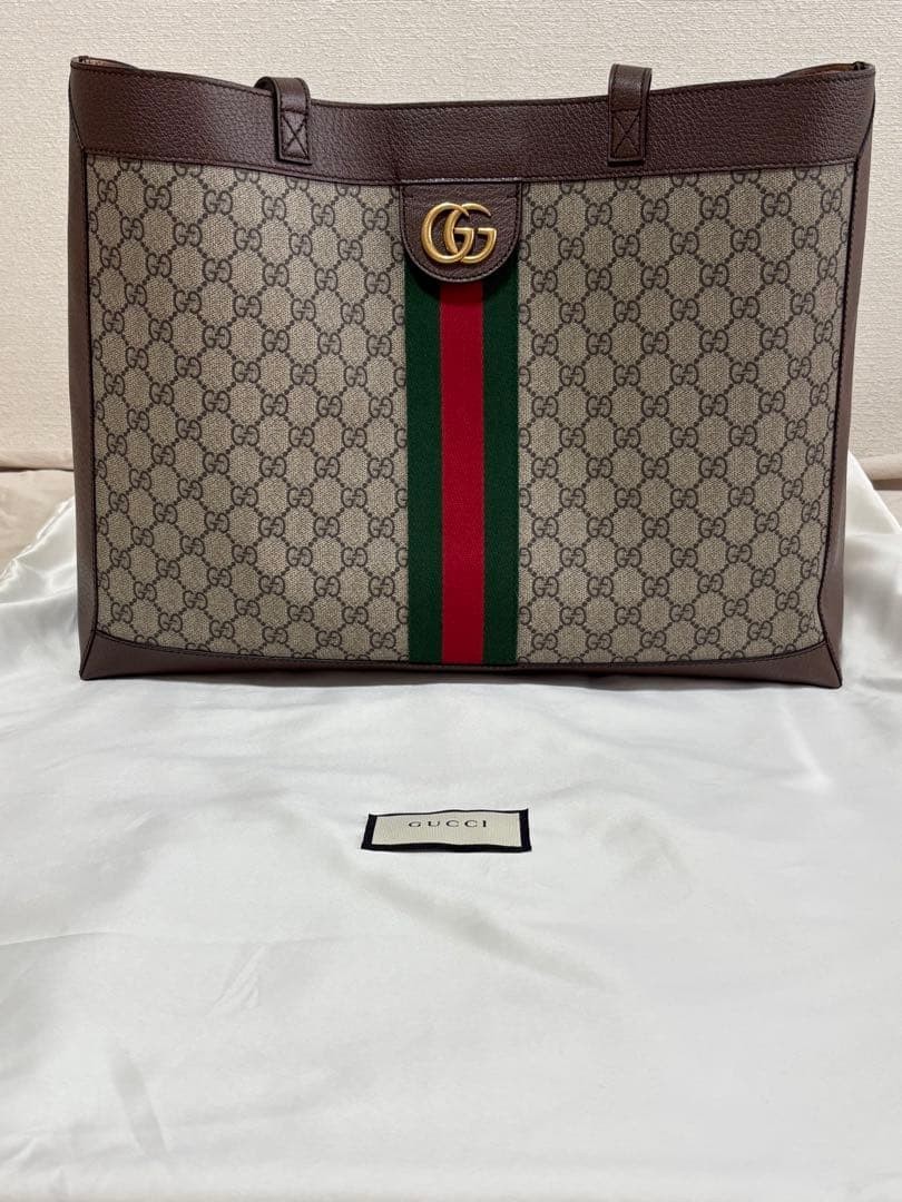GUCCI Ophidia GG Supreme Web Medium Tote Bag Beige Ebony Brown Gold Hardware