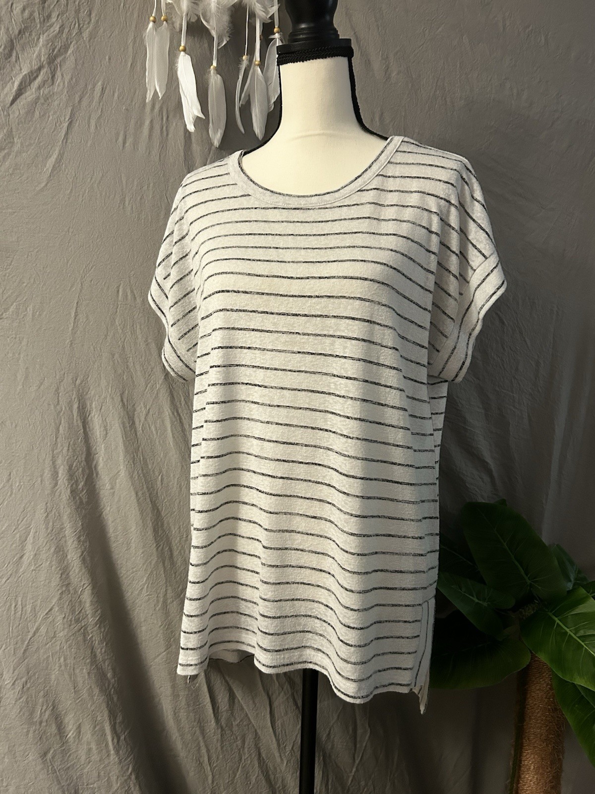 Bobeau white gray striped knit dolman short sleeve t-shirt relaxed fit xl