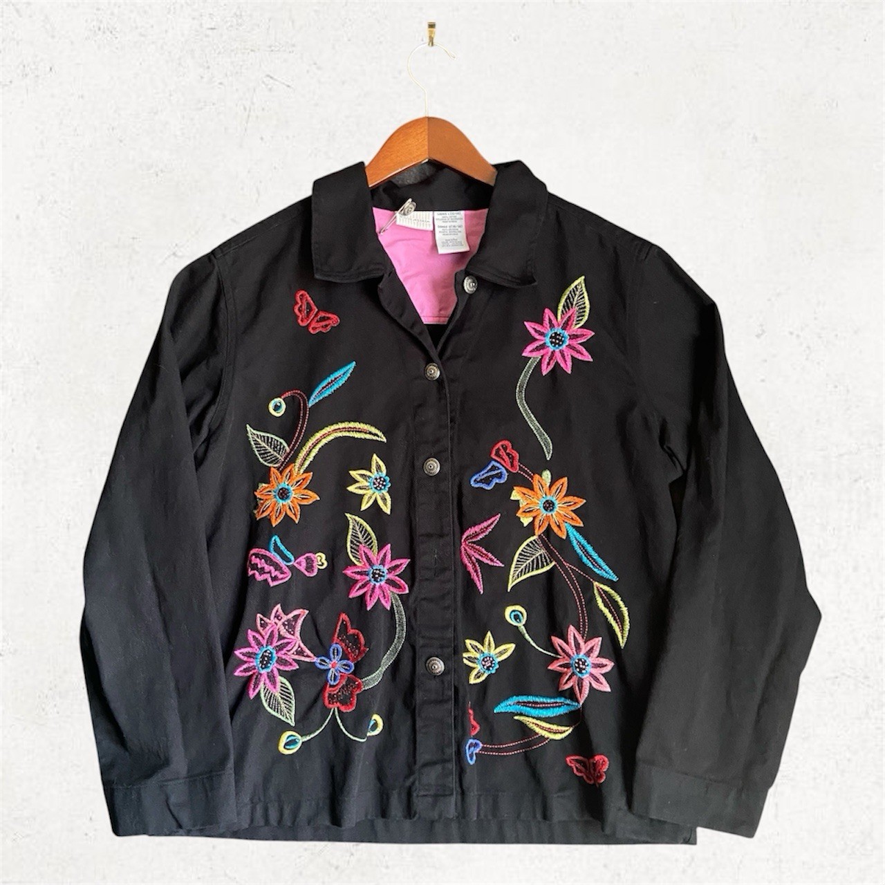 White Stag | 90s VTG Black Embroidered Denim Jacket | L/G READ Missing Button