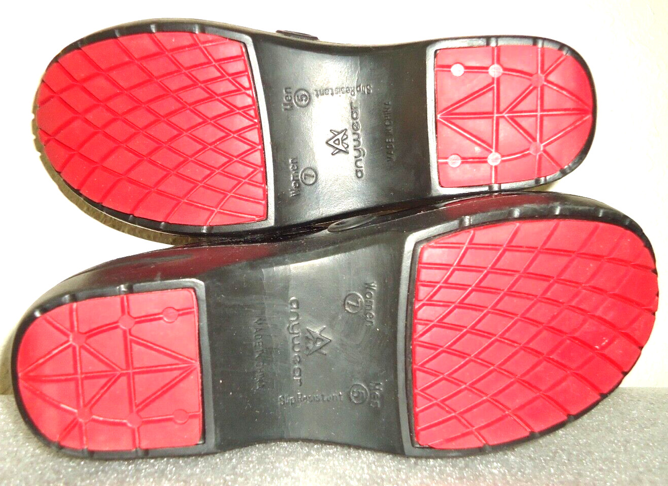 #3 Anywear Slip Resistant 7 Women / 5 Men Unisex Black/Red Patten Leather Clogs