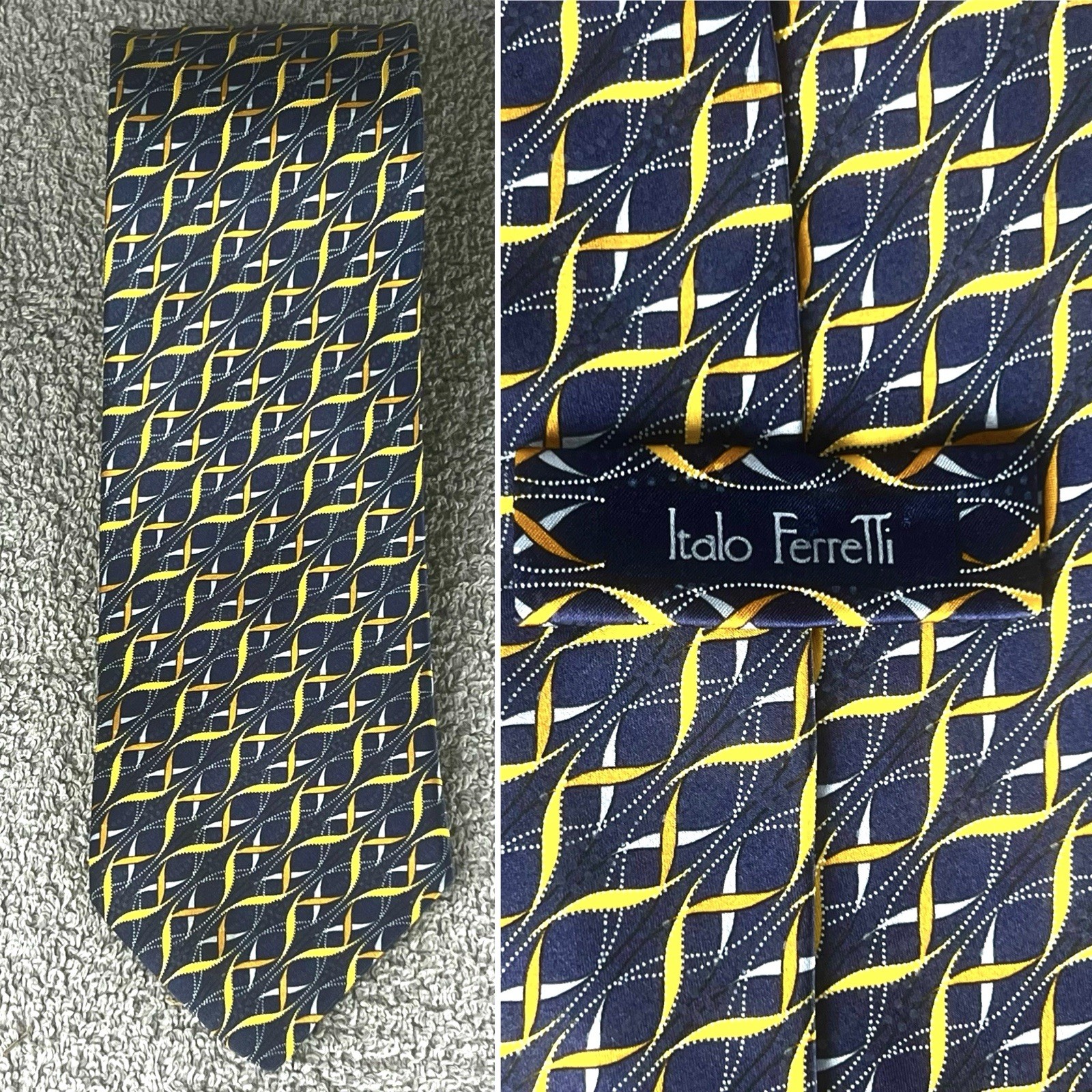 Italo Ferretti Italy Maus & Hoffman Navy, Blue, Gold, Copper Silk Tie 64” Long