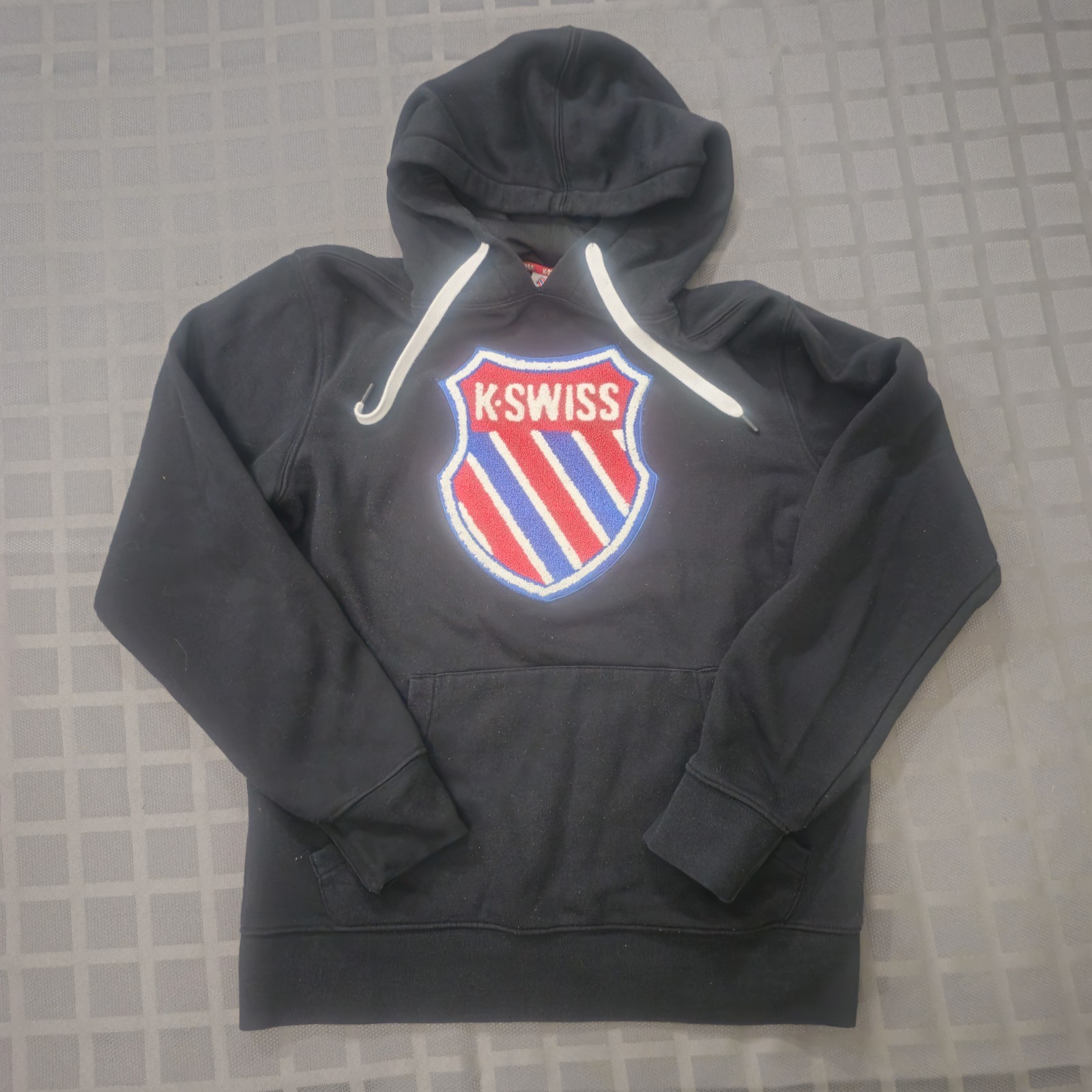 Vintage K-Swiss Hoodie Men’s Size S Black Sweatshirt Raised Tuft Patch Logo Y2K