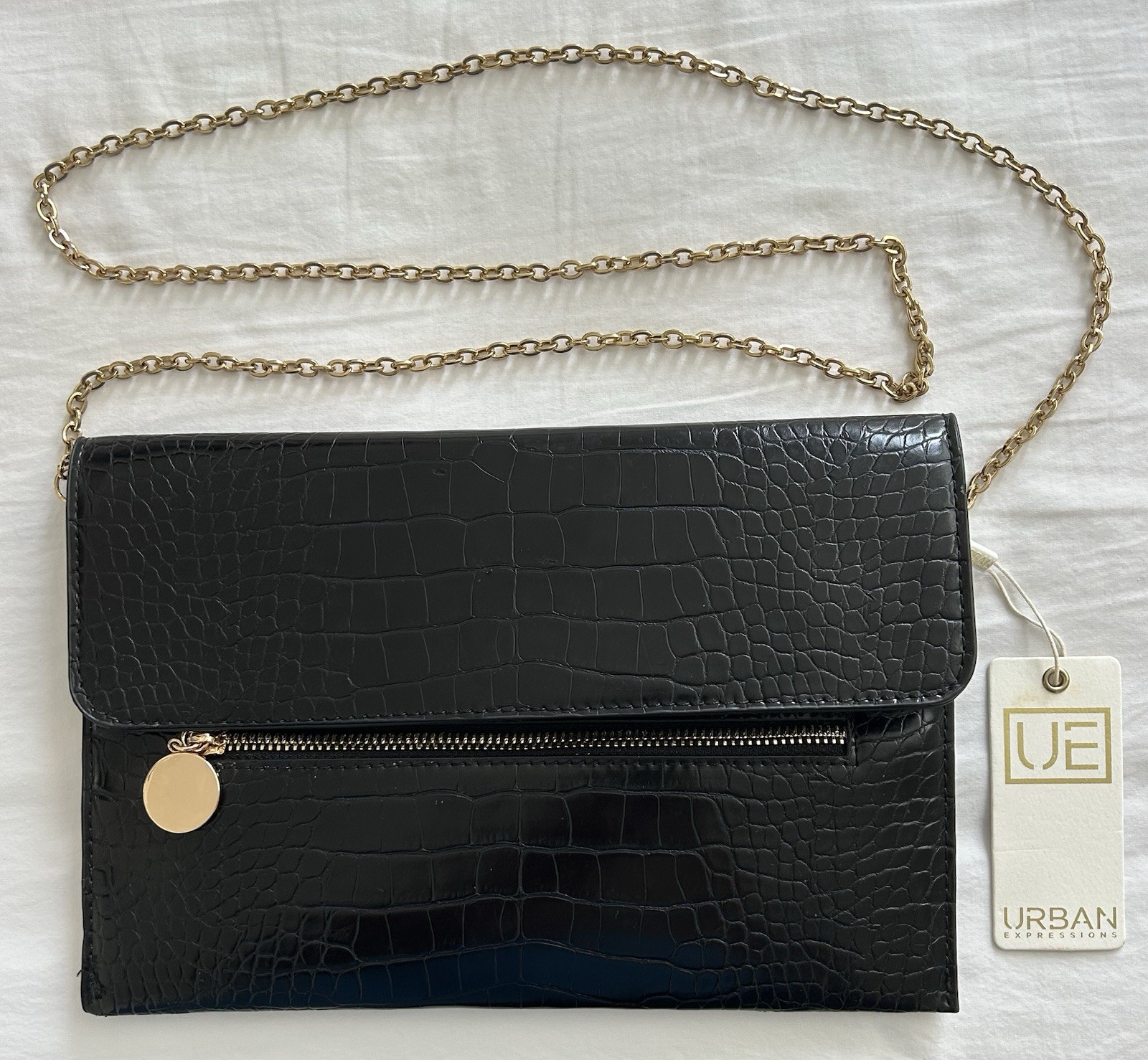 NWT Urban Expressions Black Croc Embossed Clutch Crossbody Bag Chain Strap Flaw