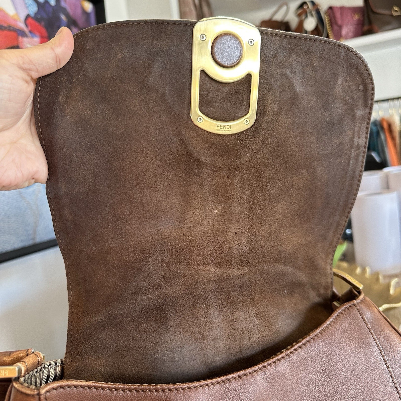 Fendi FF Vintage Brown Tan Leather Medium Anna Shoulder Bag