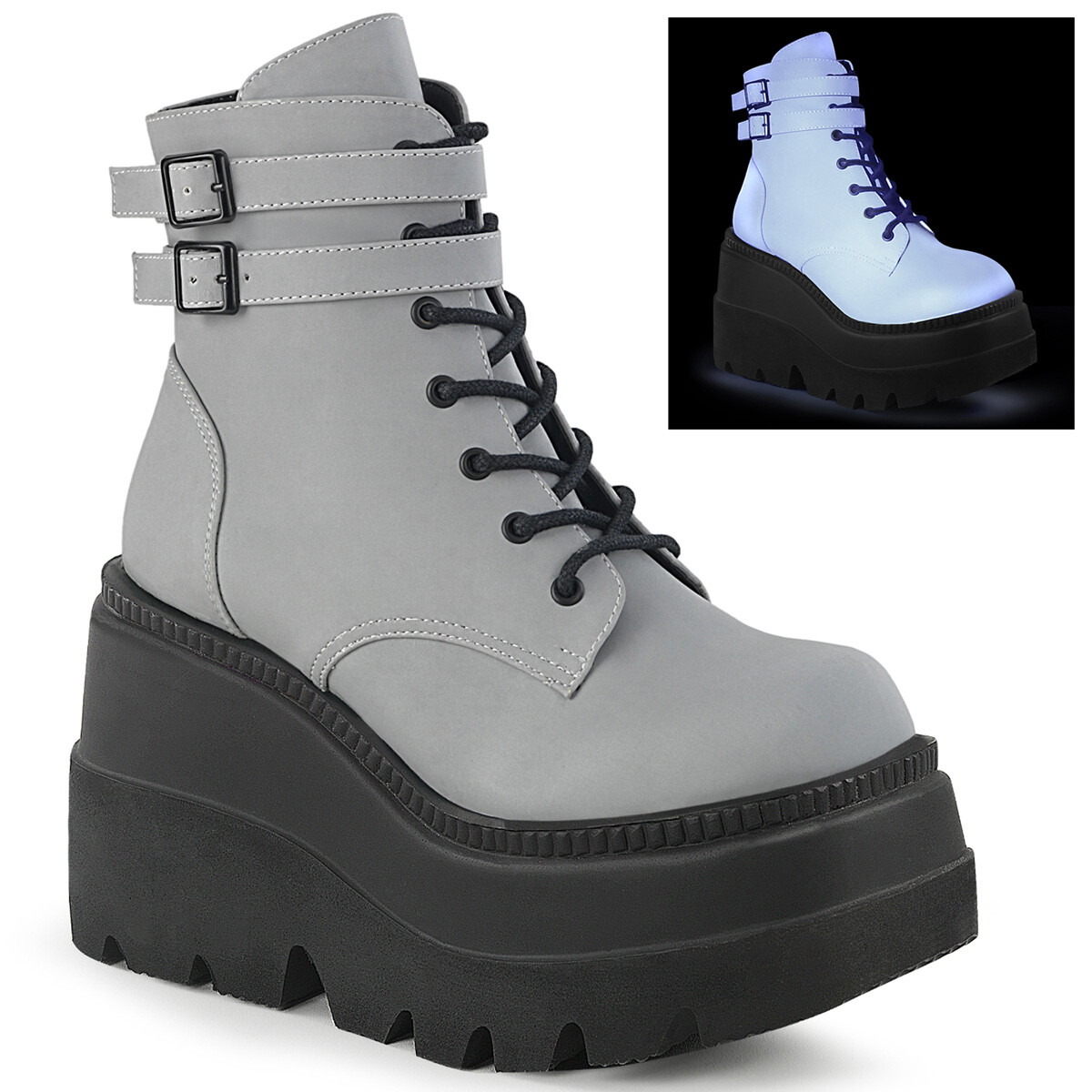 DEMONIA SHAKER-52 4 1/2″ Wedge Platform Gothic Grey Reflective Women Ankle Boots