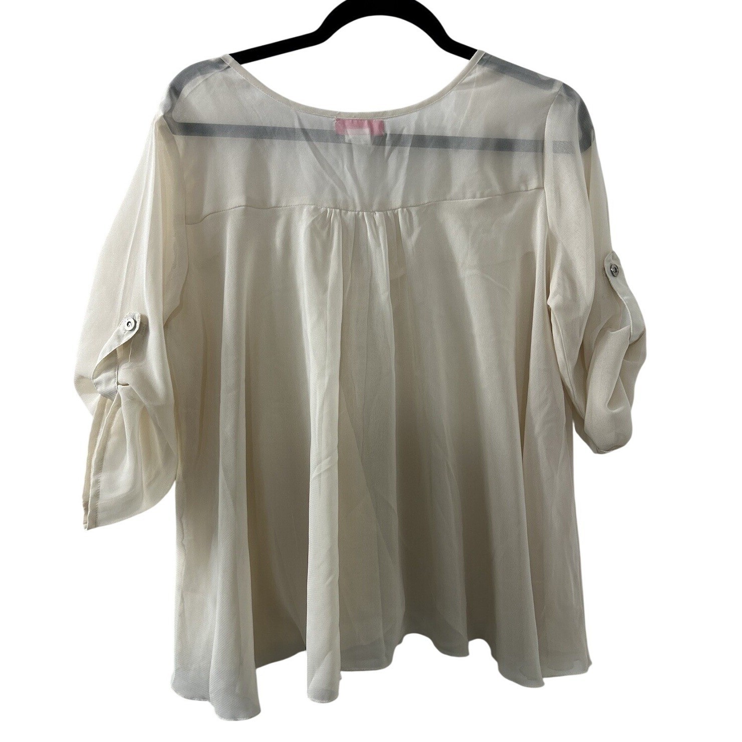 Analogy Sheer Chiffon Blouse L Ivory Roll Tab Button Boho Minimalist Office