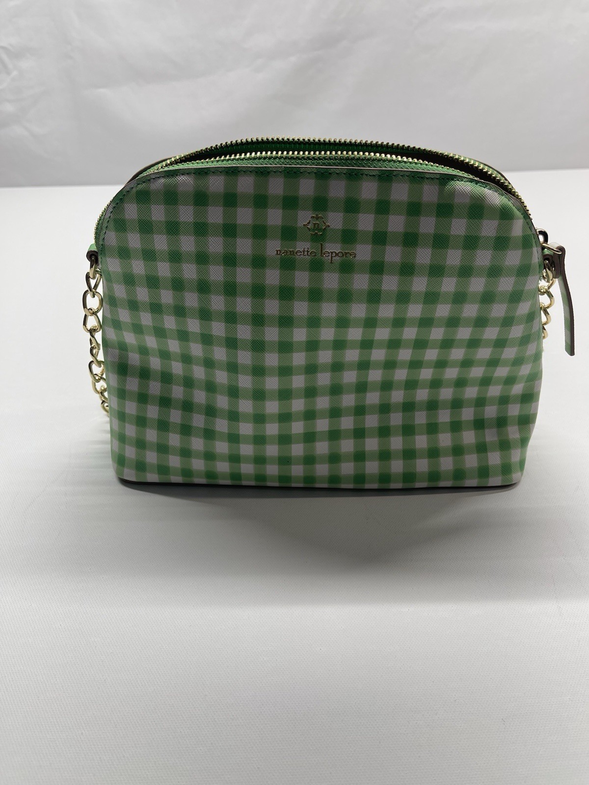 Nanette Lepore Green Checkered Shoulder Bag with Gold Chain Strap, Sku#0106
